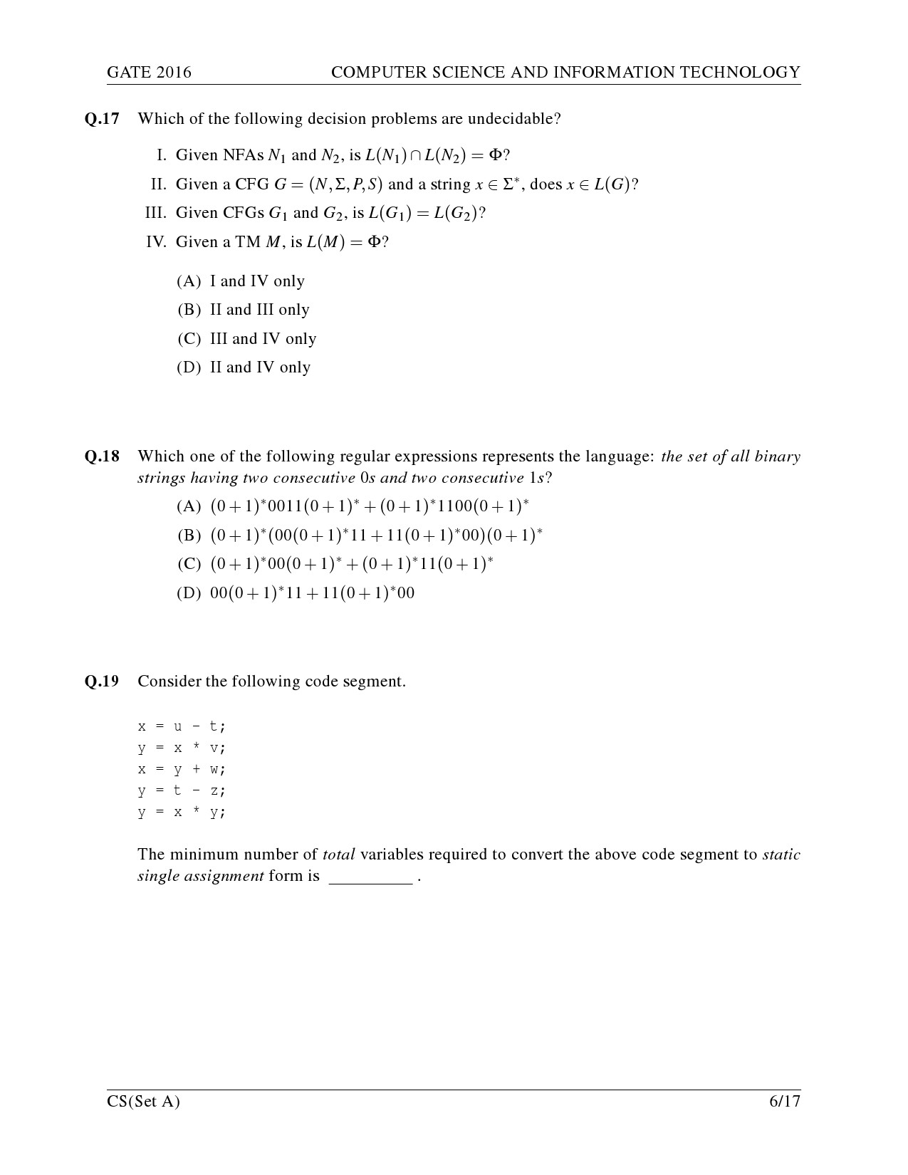 GATE Exam Question Paper 2016 Computer Science and Information Technology Set A 9