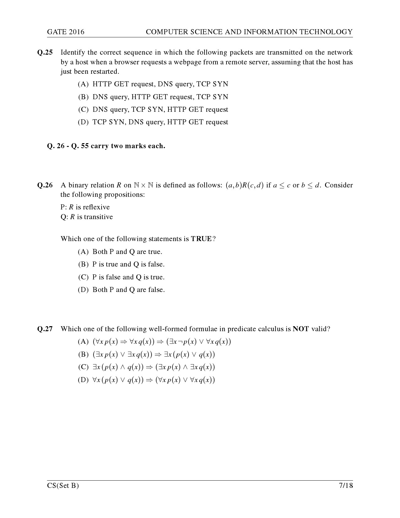 GATE Exam Question Paper 2016 Computer Science and Information Technology Set B 10