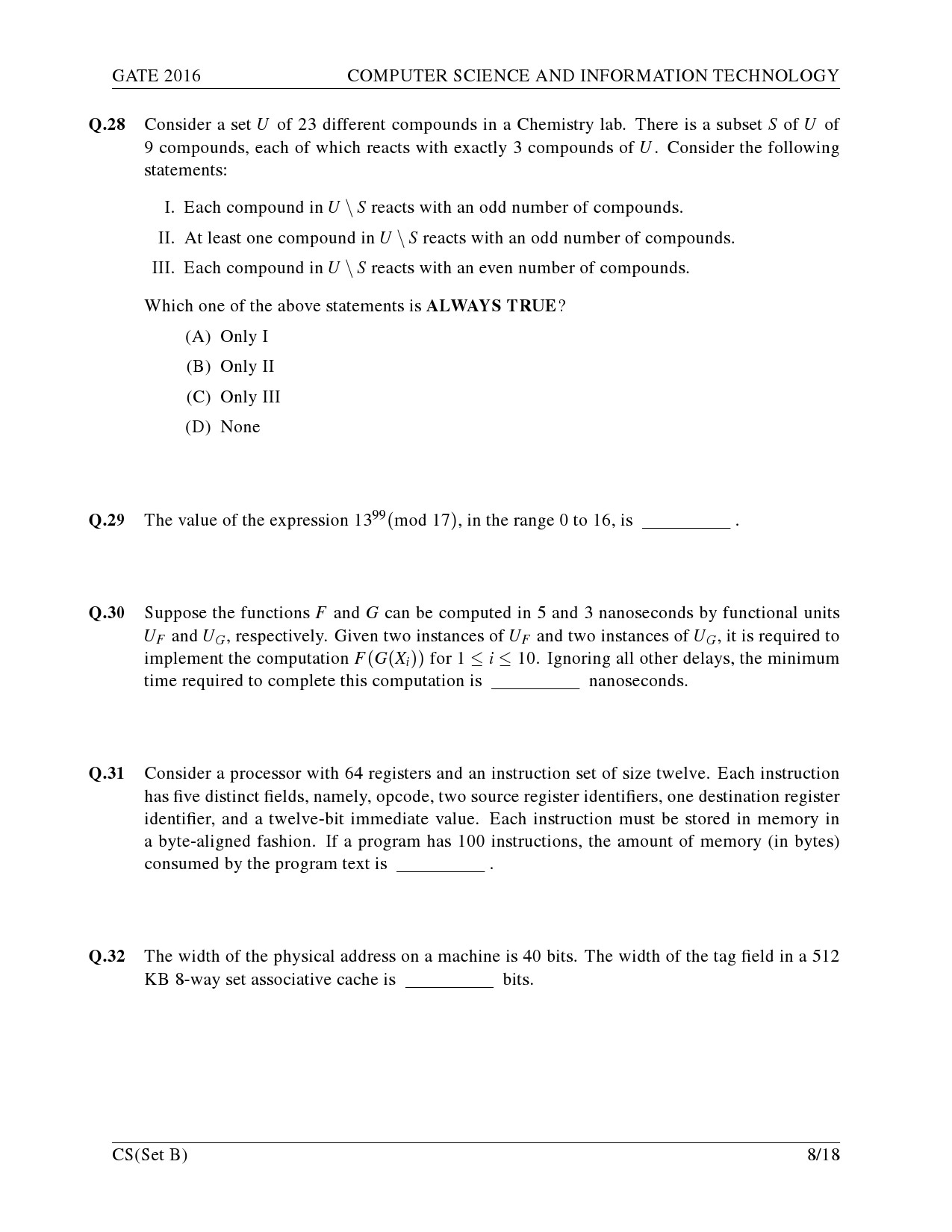 GATE Exam Question Paper 2016 Computer Science and Information Technology Set B 11