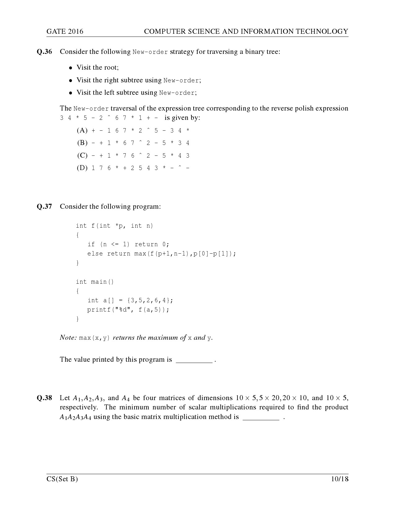 GATE Exam Question Paper 2016 Computer Science and Information Technology Set B 13