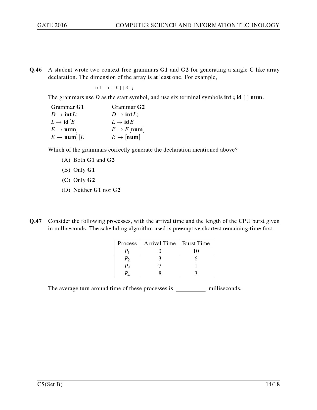 GATE Exam Question Paper 2016 Computer Science and Information Technology Set B 17