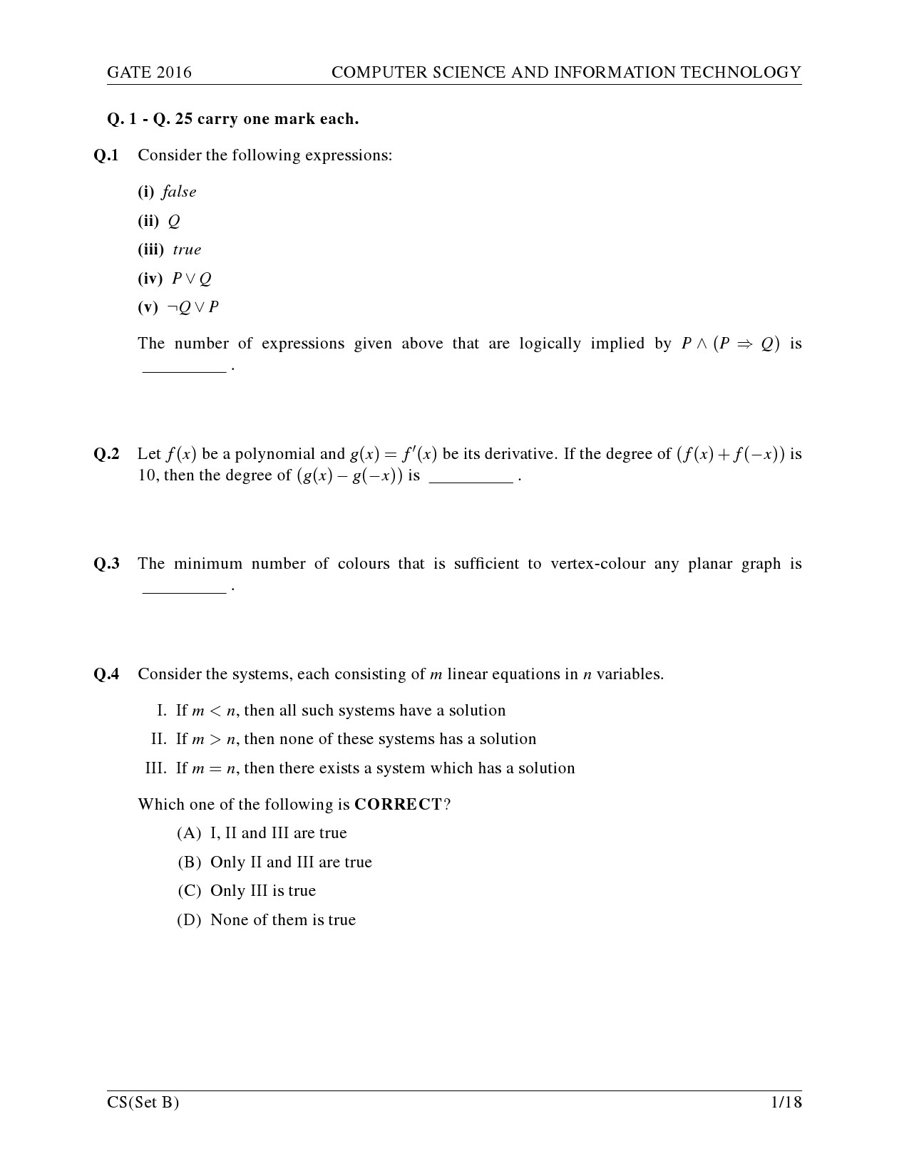 GATE Exam Question Paper 2016 Computer Science and Information Technology Set B 4