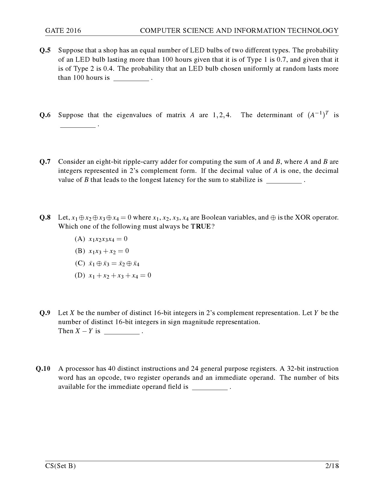 GATE Exam Question Paper 2016 Computer Science and Information Technology Set B 5