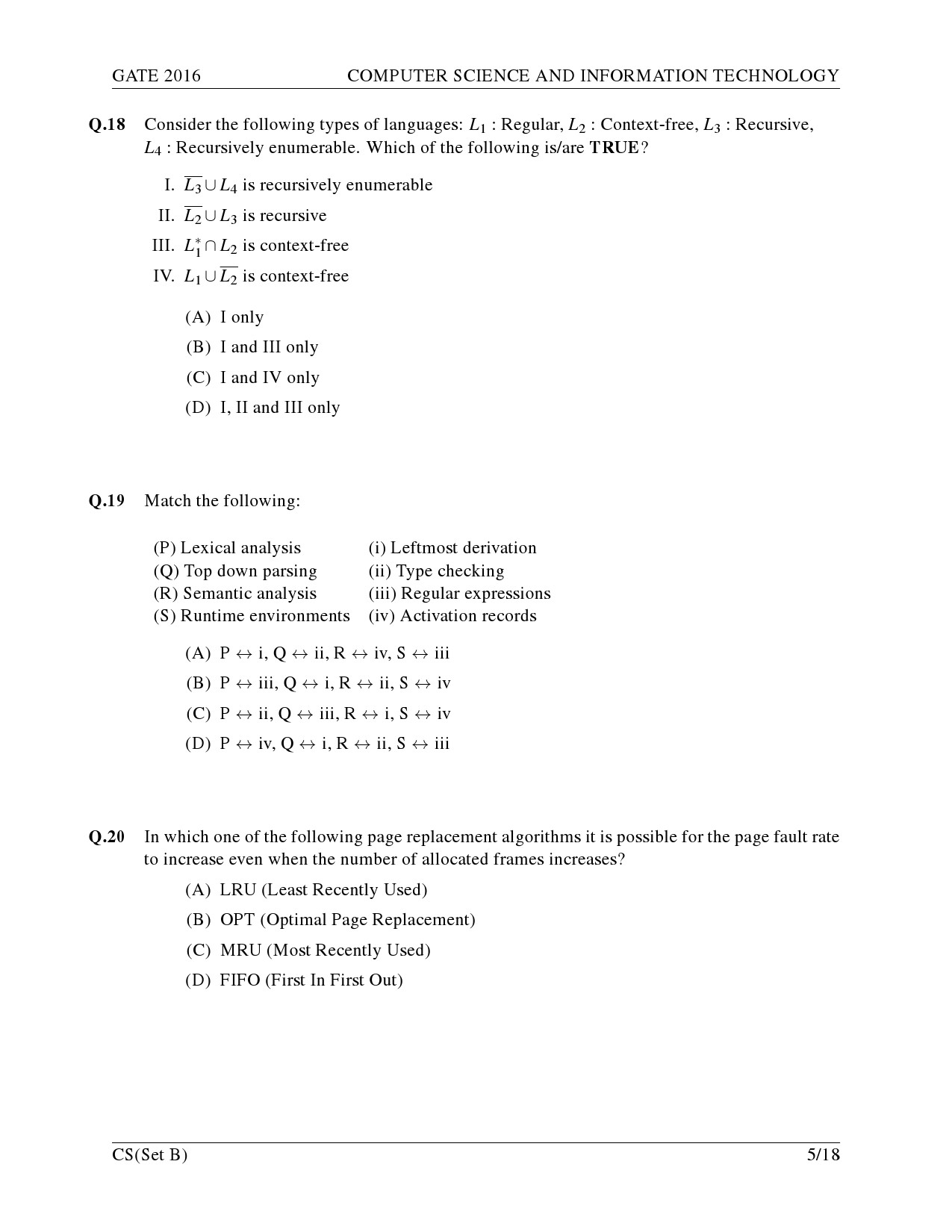 GATE Exam Question Paper 2016 Computer Science and Information Technology Set B 8