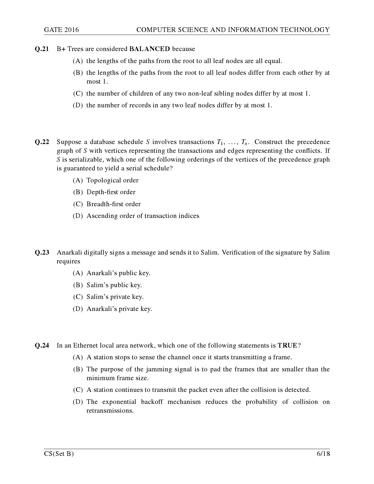 GATE Exam Question Paper 2016 Computer Science and Information Technology Set B 9