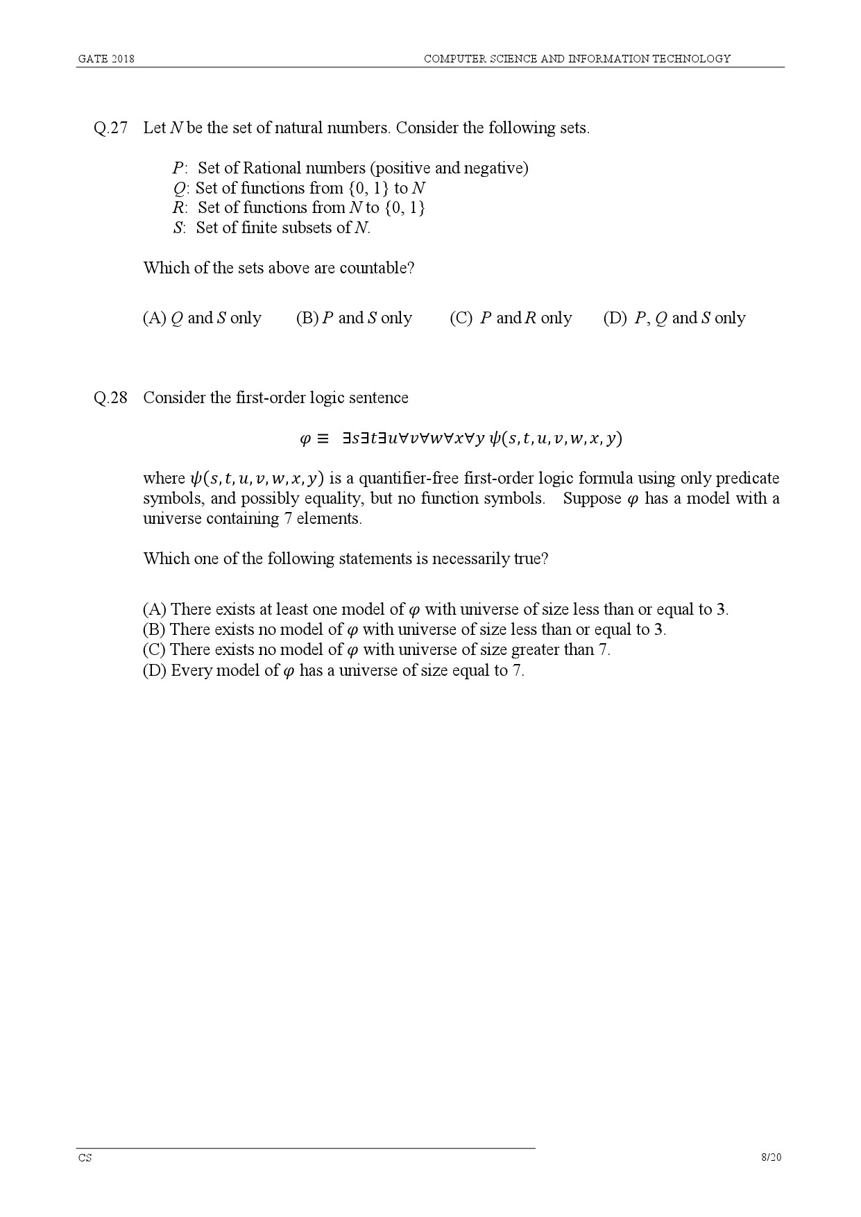 GATE Exam Question Paper 2018 Computer Science and Information Technology 11