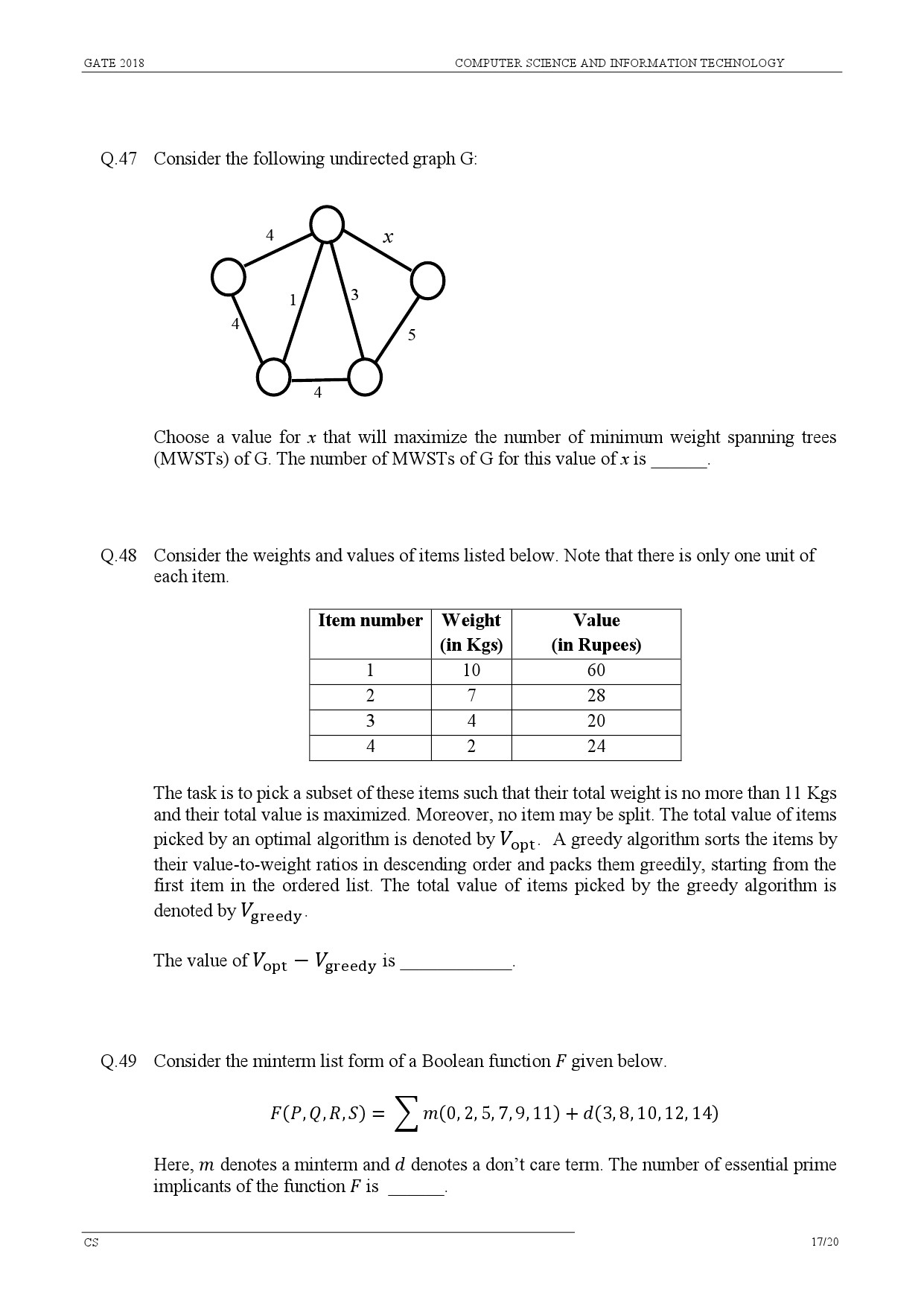 GATE Exam Question Paper 2018 Computer Science and Information Technology 20