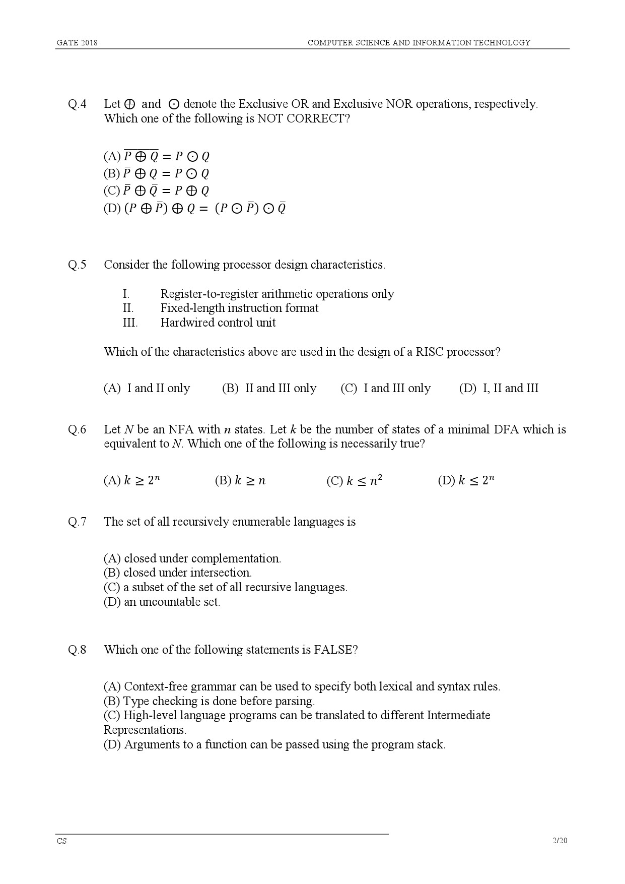 GATE Exam Question Paper 2018 Computer Science and Information Technology 5