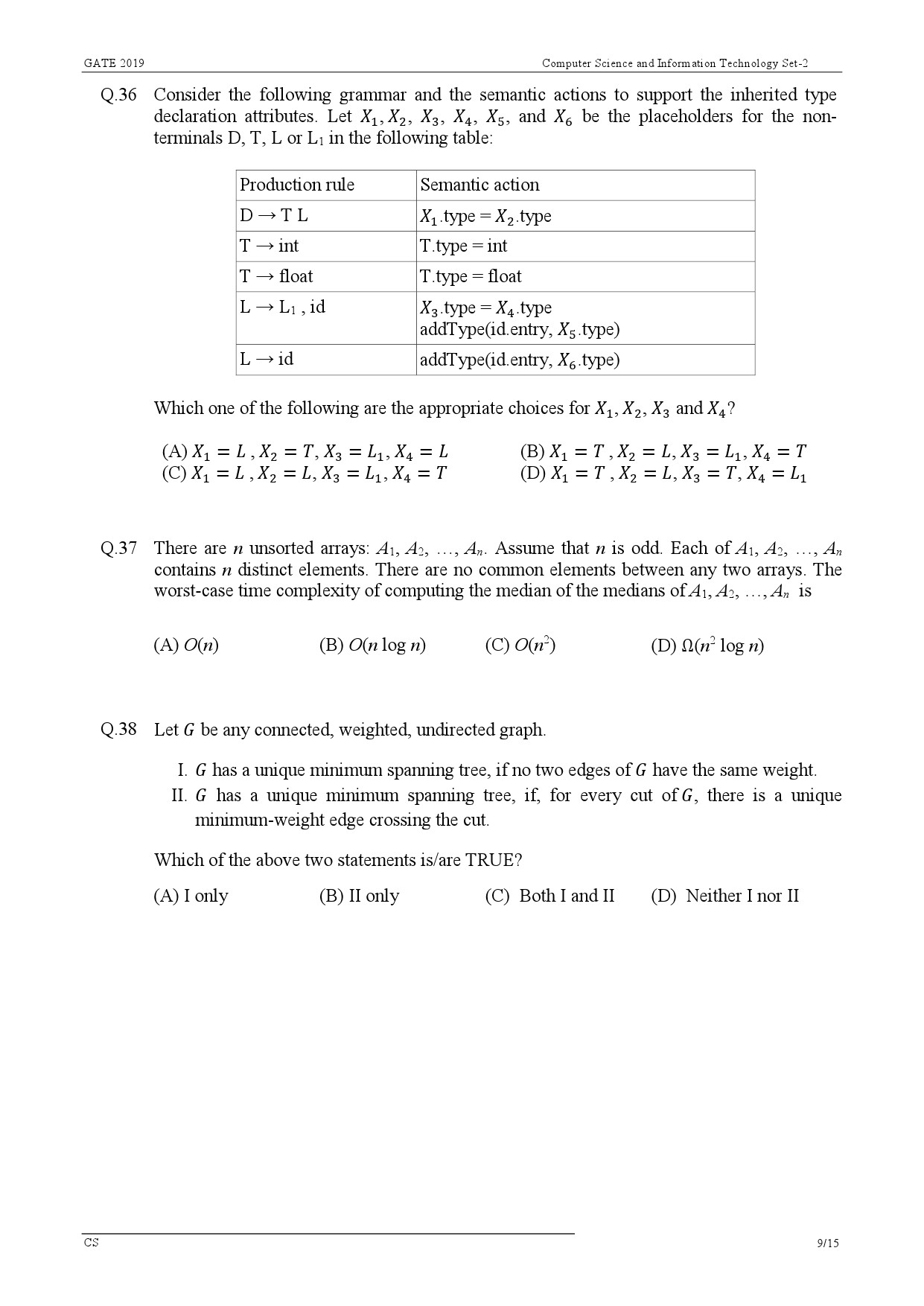 GATE Exam Question Paper 2019 Computer Science and Information Technology 12