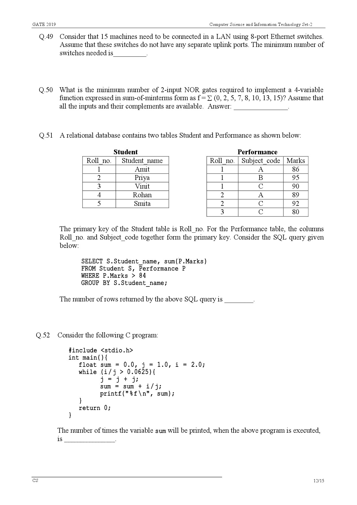 GATE Exam Question Paper 2019 Computer Science and Information Technology 15