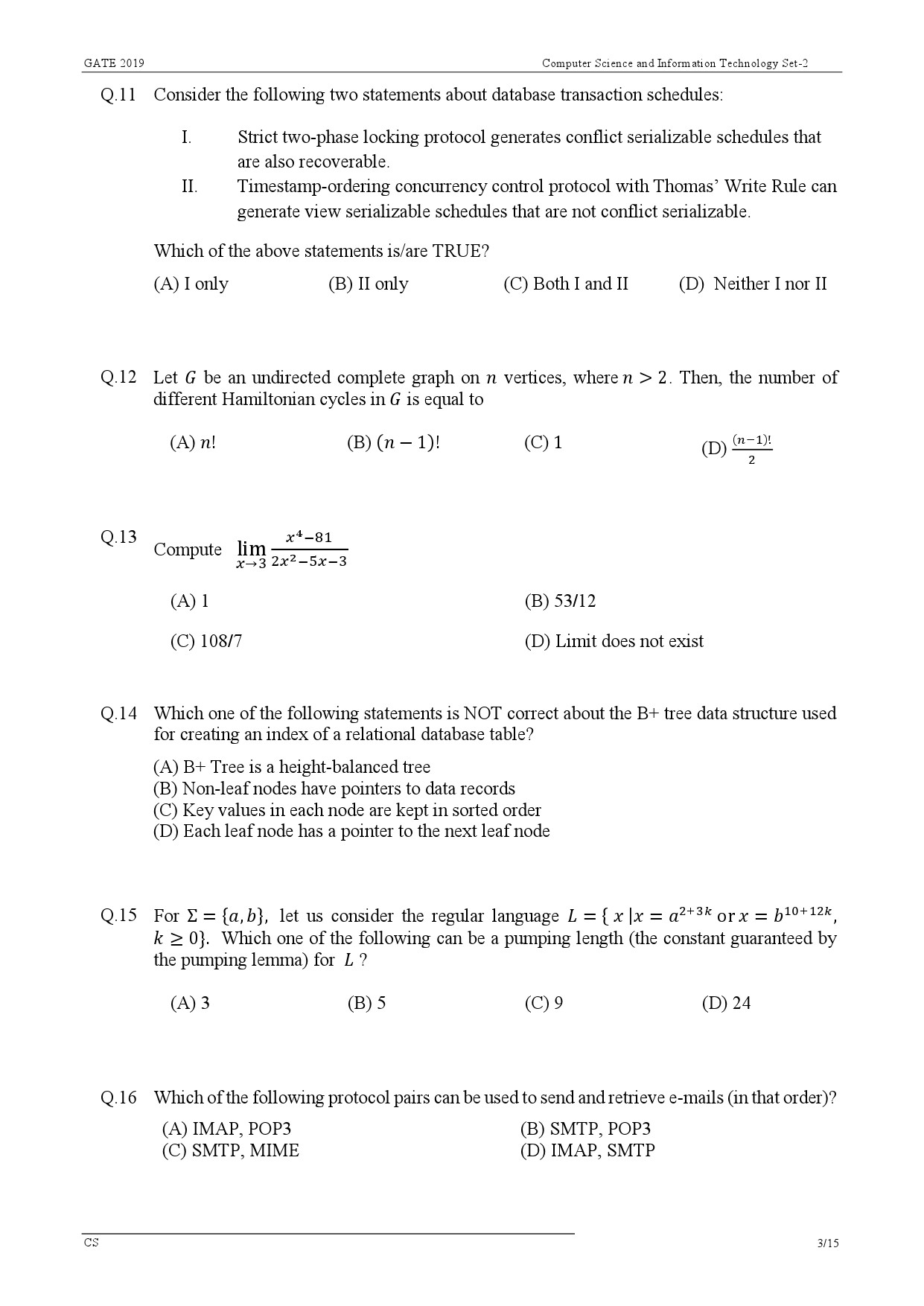 GATE Exam Question Paper 2019 Computer Science and Information Technology 6