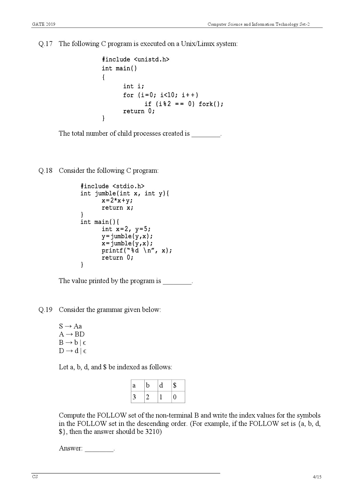GATE Exam Question Paper 2019 Computer Science and Information Technology 7
