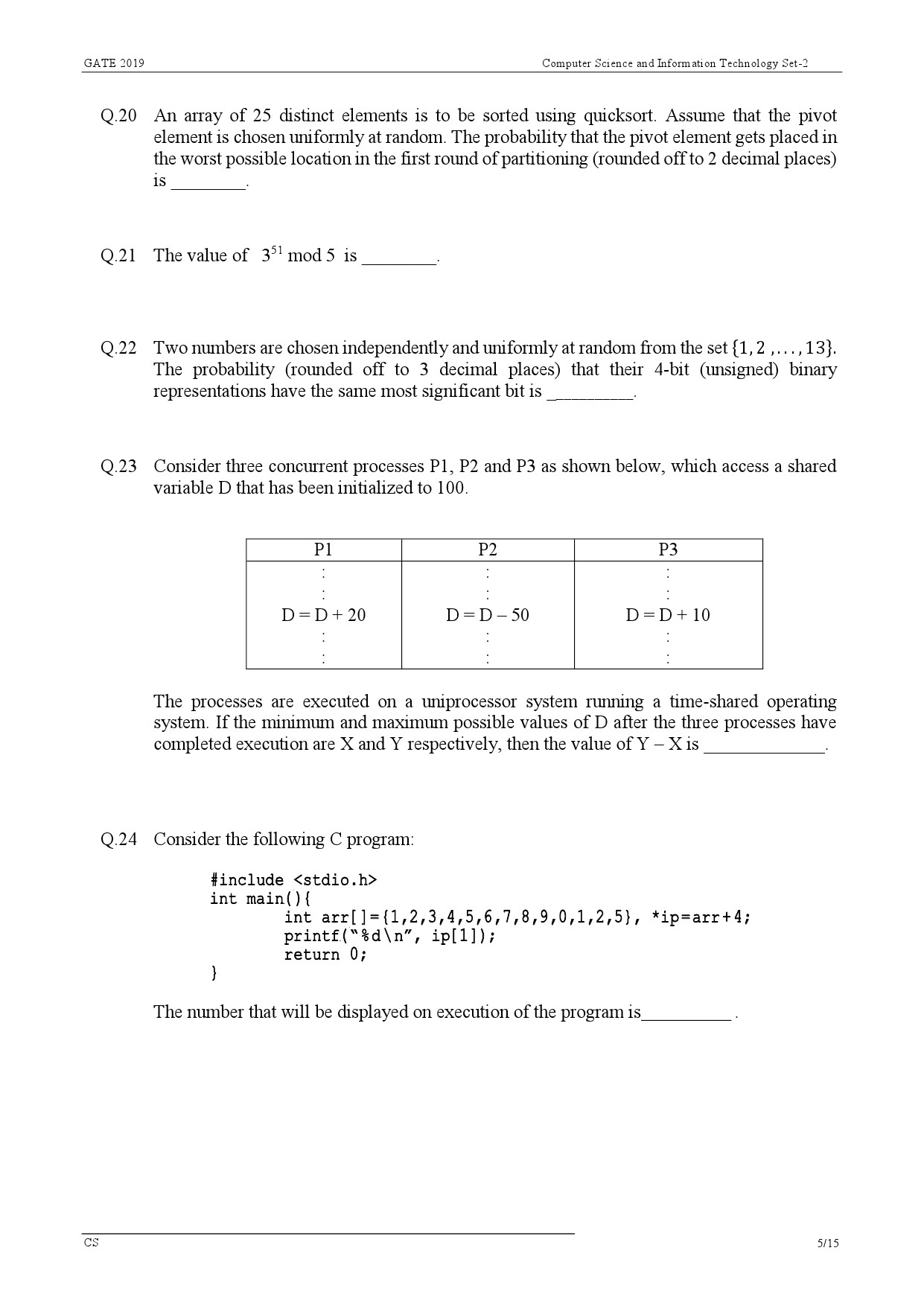 GATE Exam Question Paper 2019 Computer Science and Information Technology 8