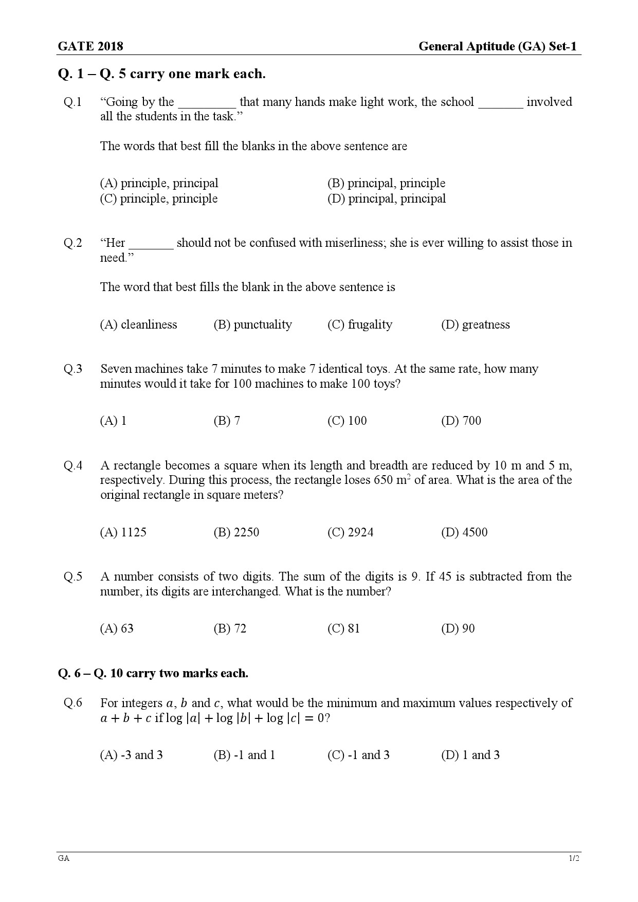 GATE Exam Question Paper 2018 Ecology and Evolution 1