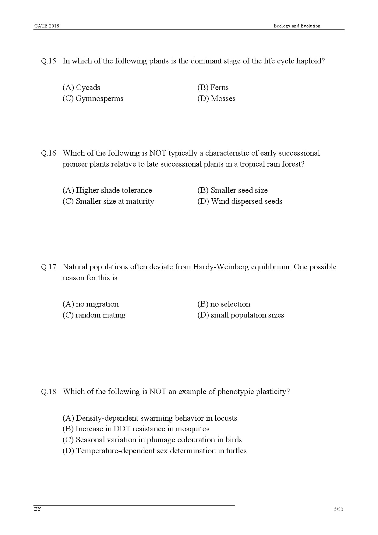 GATE Exam Question Paper 2018 Ecology and Evolution 7