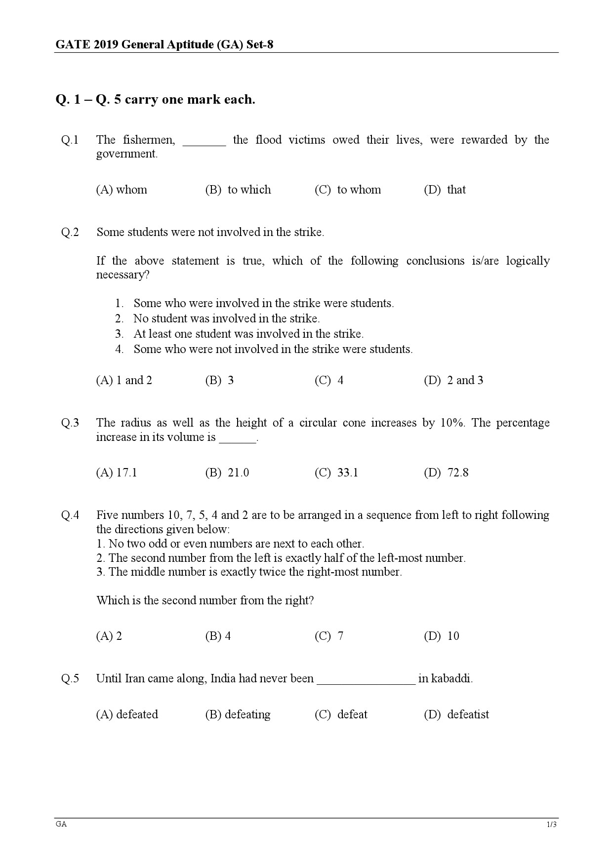 GATE Exam Question Paper 2019 Ecology and Evolution 1