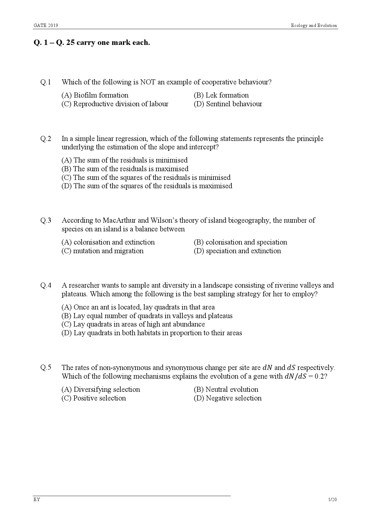 GATE Exam Question Paper 2019 Ecology and Evolution 4