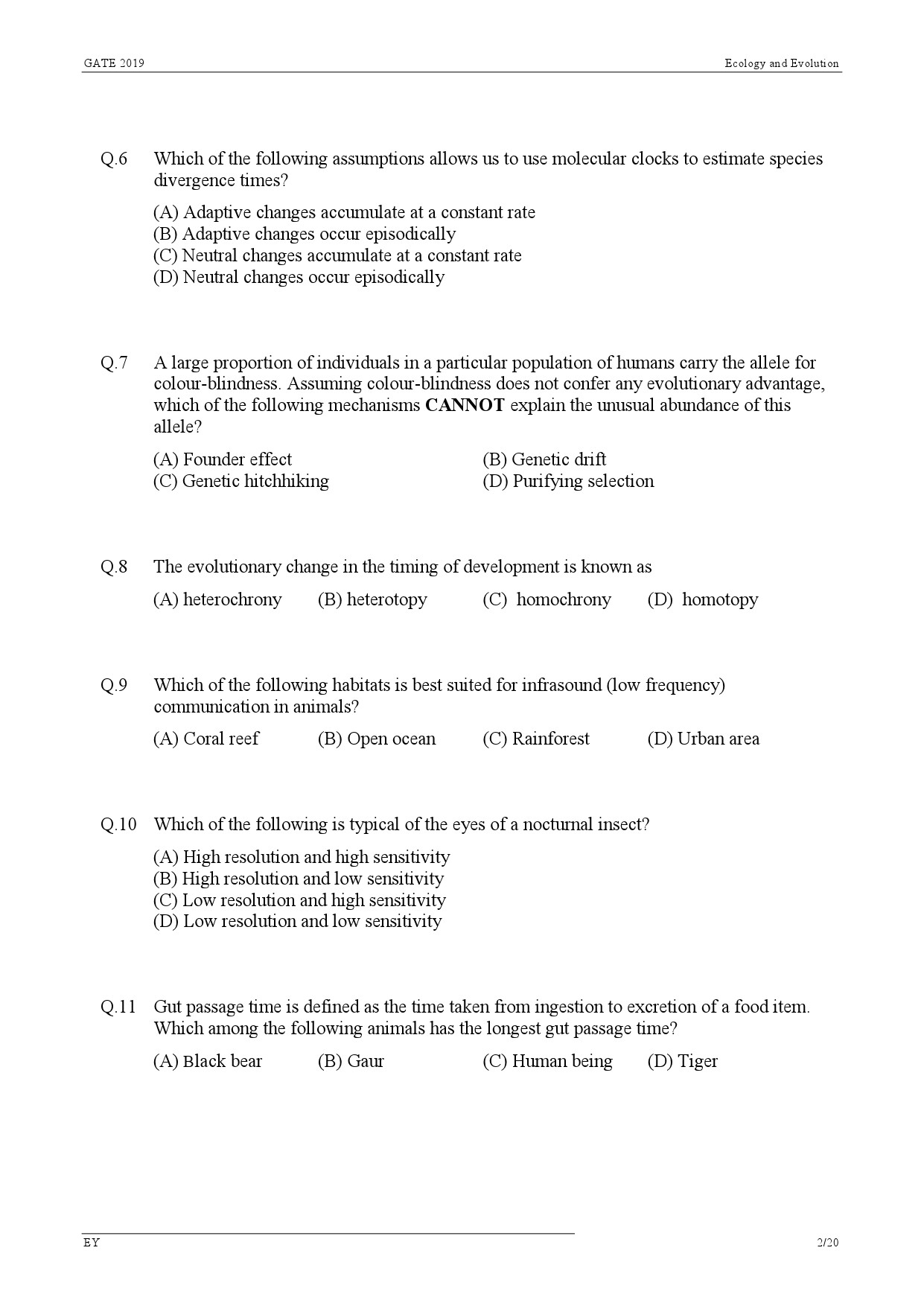 GATE Exam Question Paper 2019 Ecology and Evolution 5