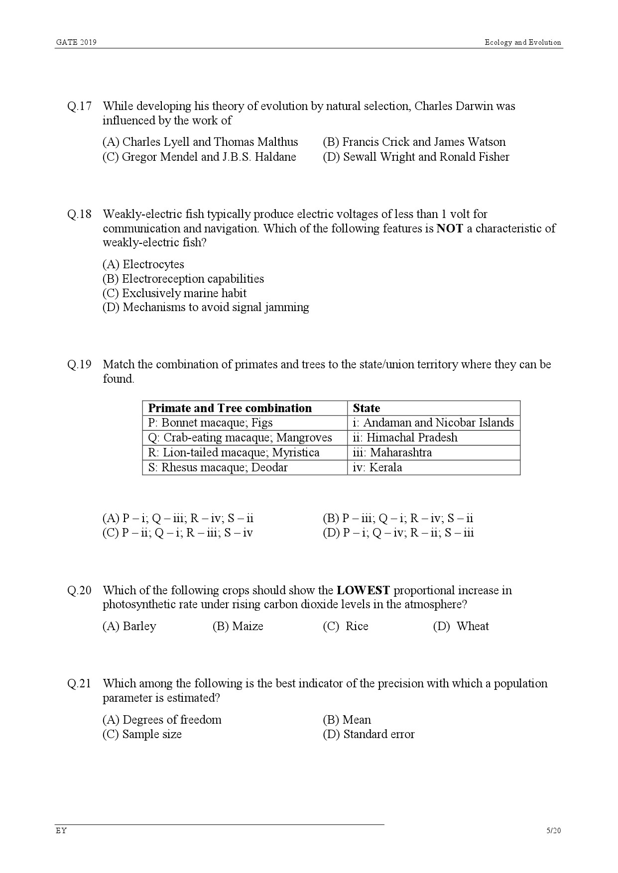 GATE Exam Question Paper 2019 Ecology and Evolution 8