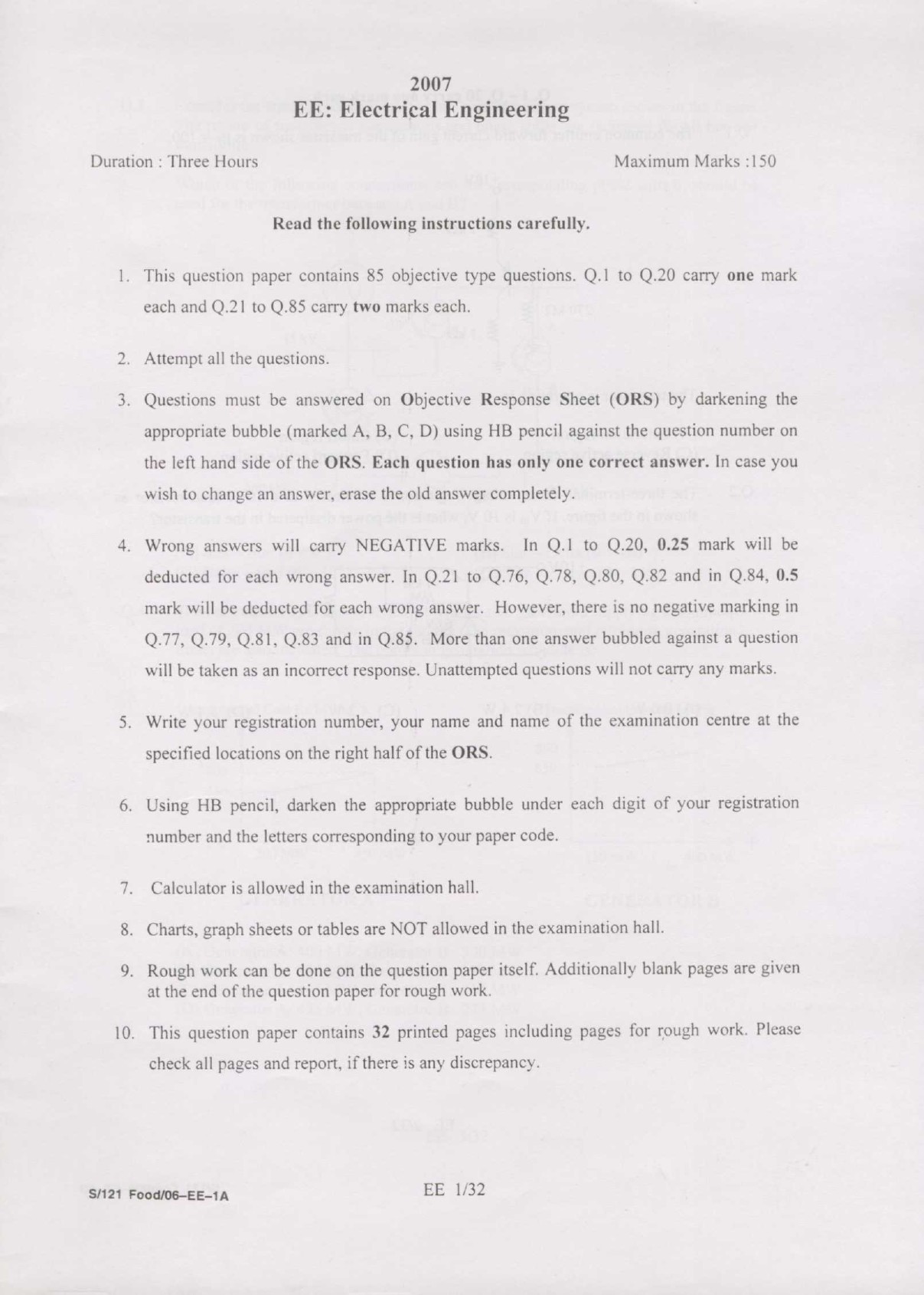 GATE Exam Question Paper 2007 Electrical Engineering 1