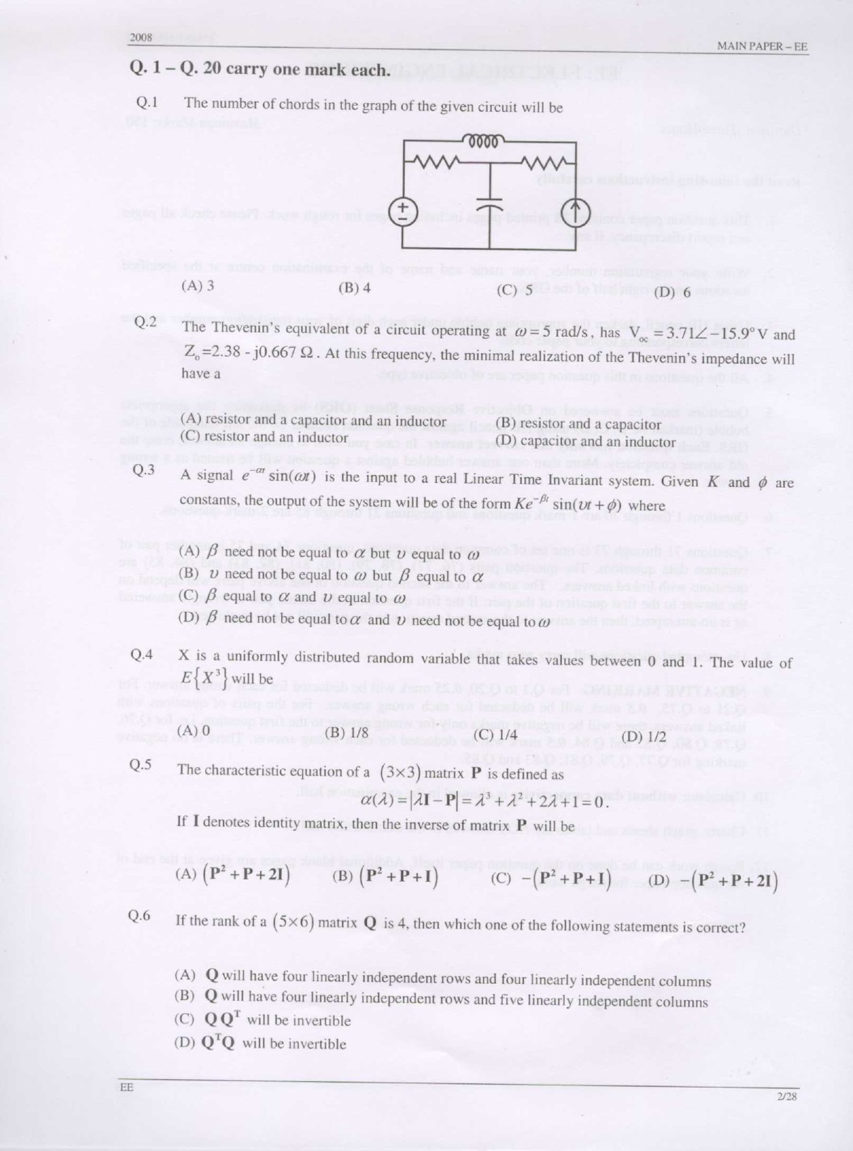GATE Exam Question Paper 2008 Electrical Engineering 2