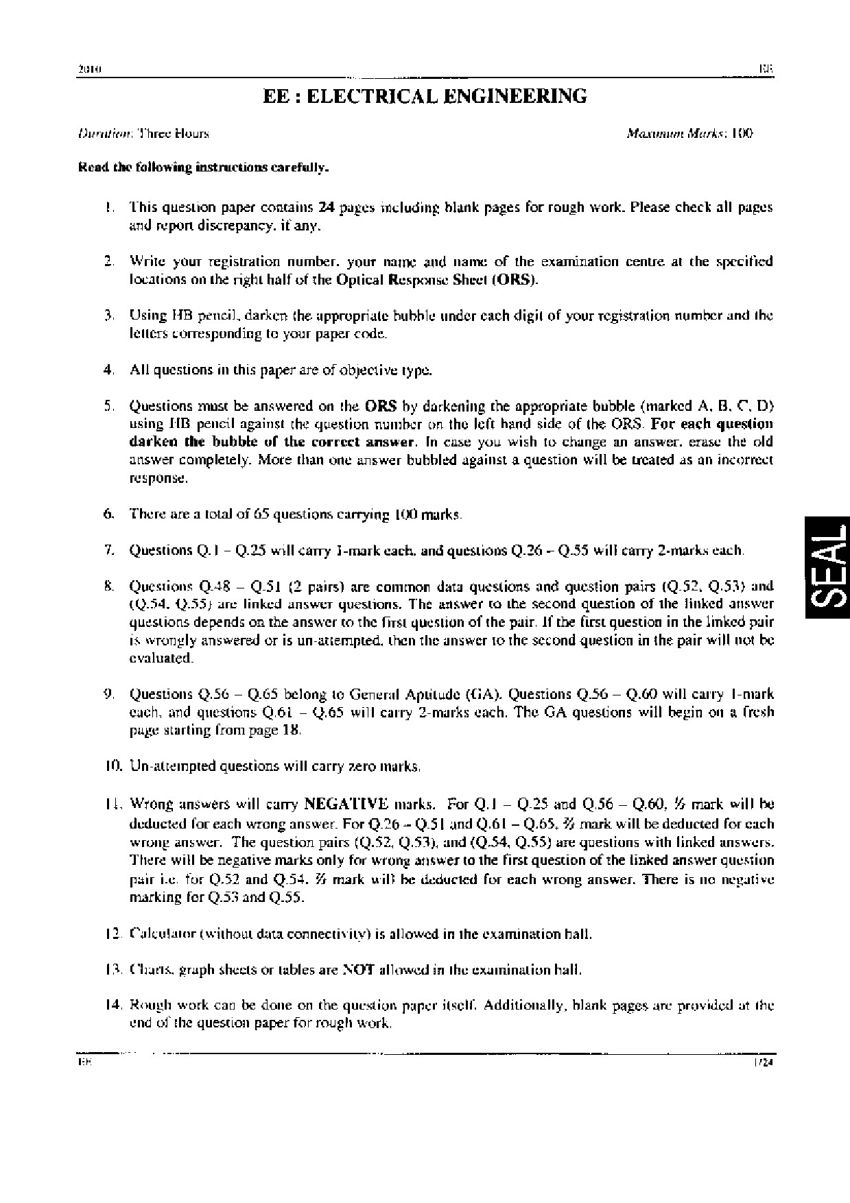 GATE Exam Question Paper 2010 Electrical Engineering 1