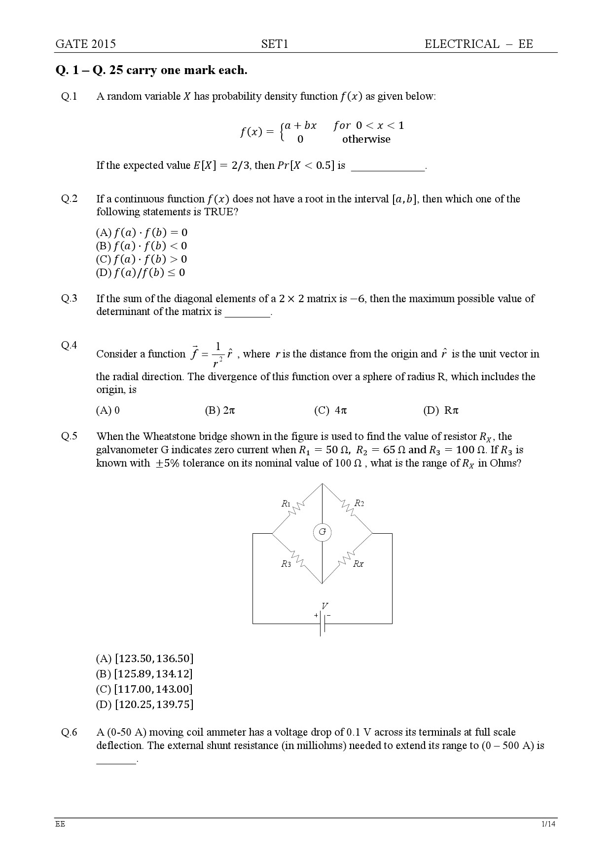 GATE Exam Question Paper 2015 Electrical Engineering Set 1 1