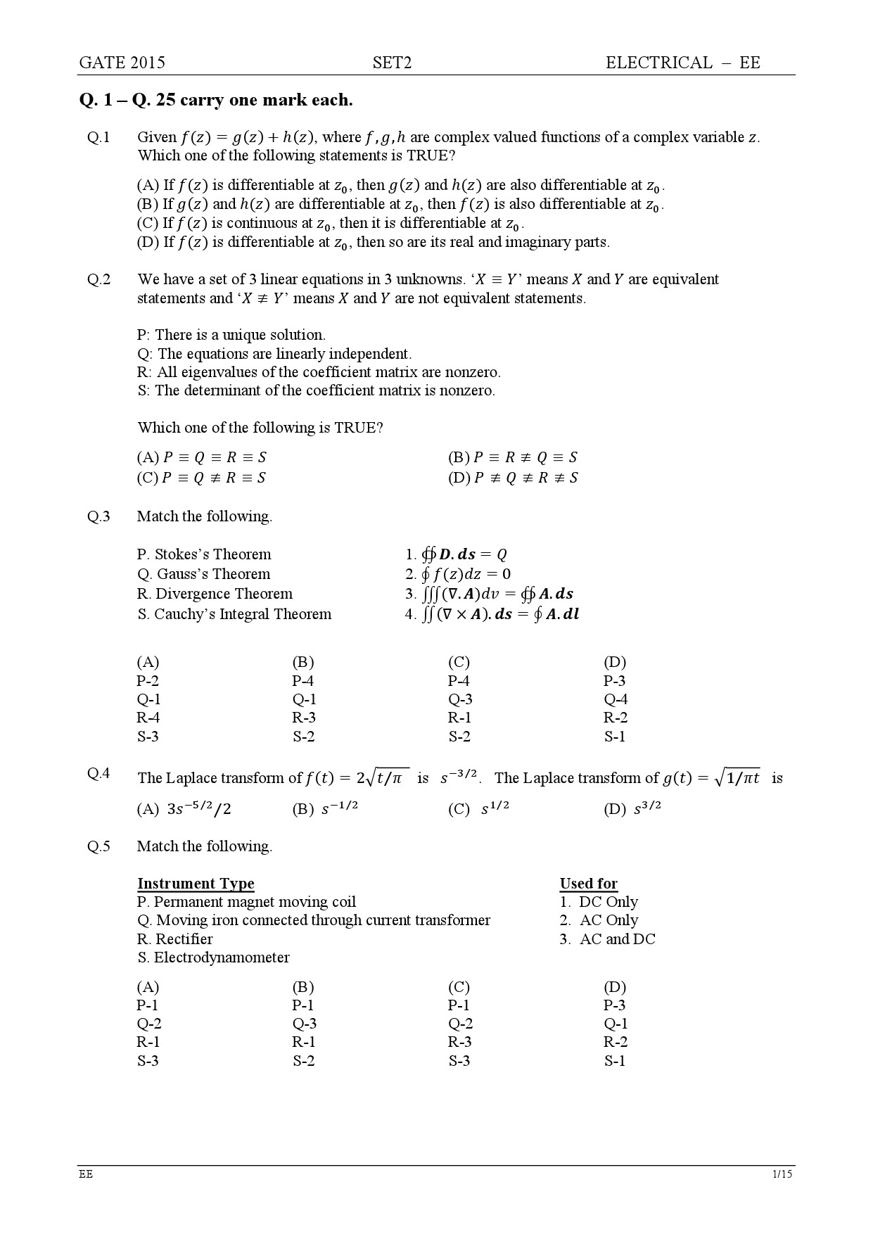 GATE Exam Question Paper 2015 Electrical Engineering Set 2 1