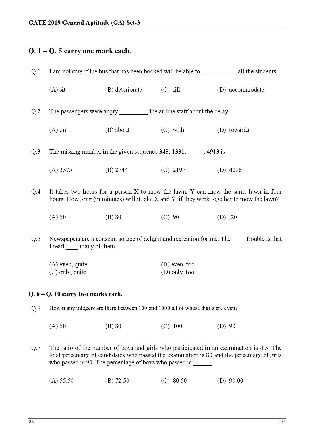 GATE Exam Question Paper 2019 Electrical Engineering 1