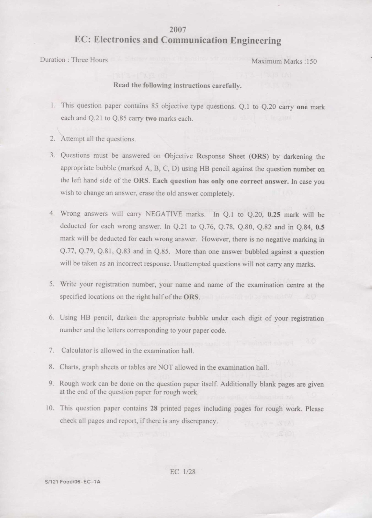 GATE Exam Question Paper 2007 Electronics and Communication Engineering 1