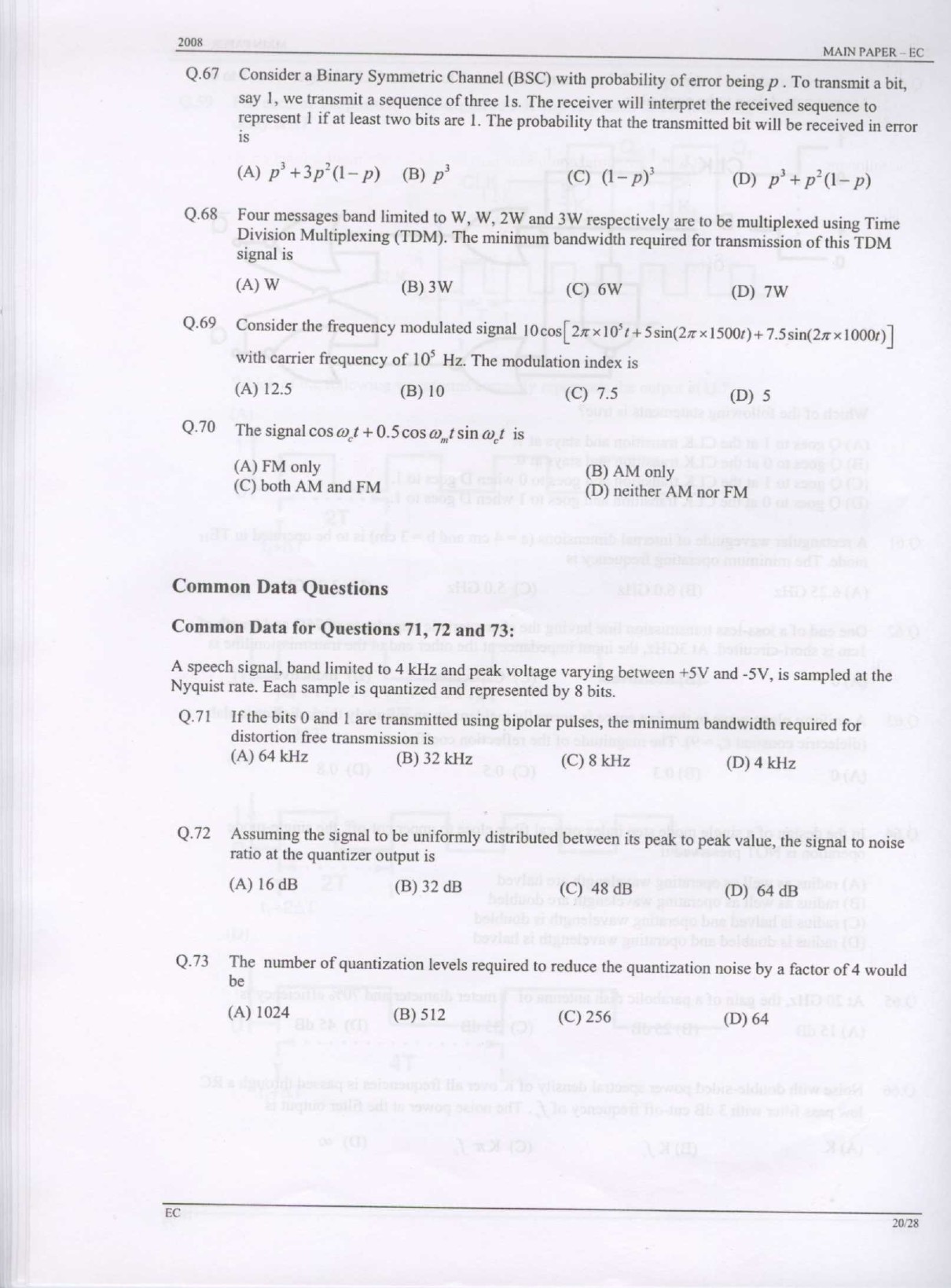 GATE Exam Question Paper 2008 Electronics and Communication Engineering 20