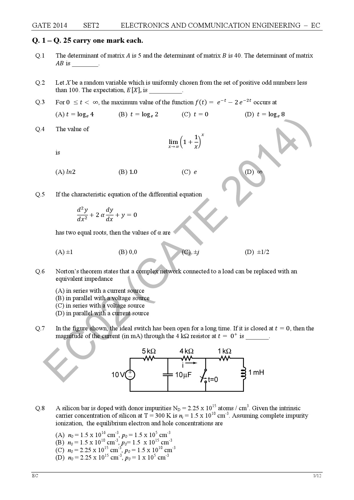 GATE Exam Question Paper 2014 Electronics and Communication Engineering Set 2 7