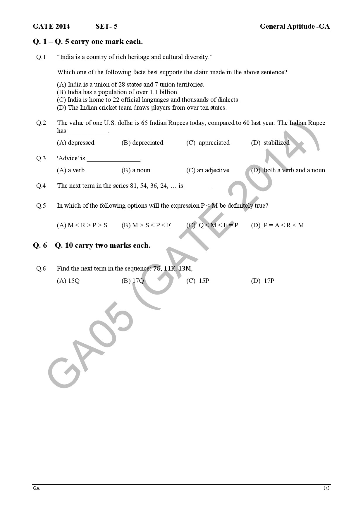 GATE Exam Question Paper 2014 Electronics and Communication Engineering Set 3 5