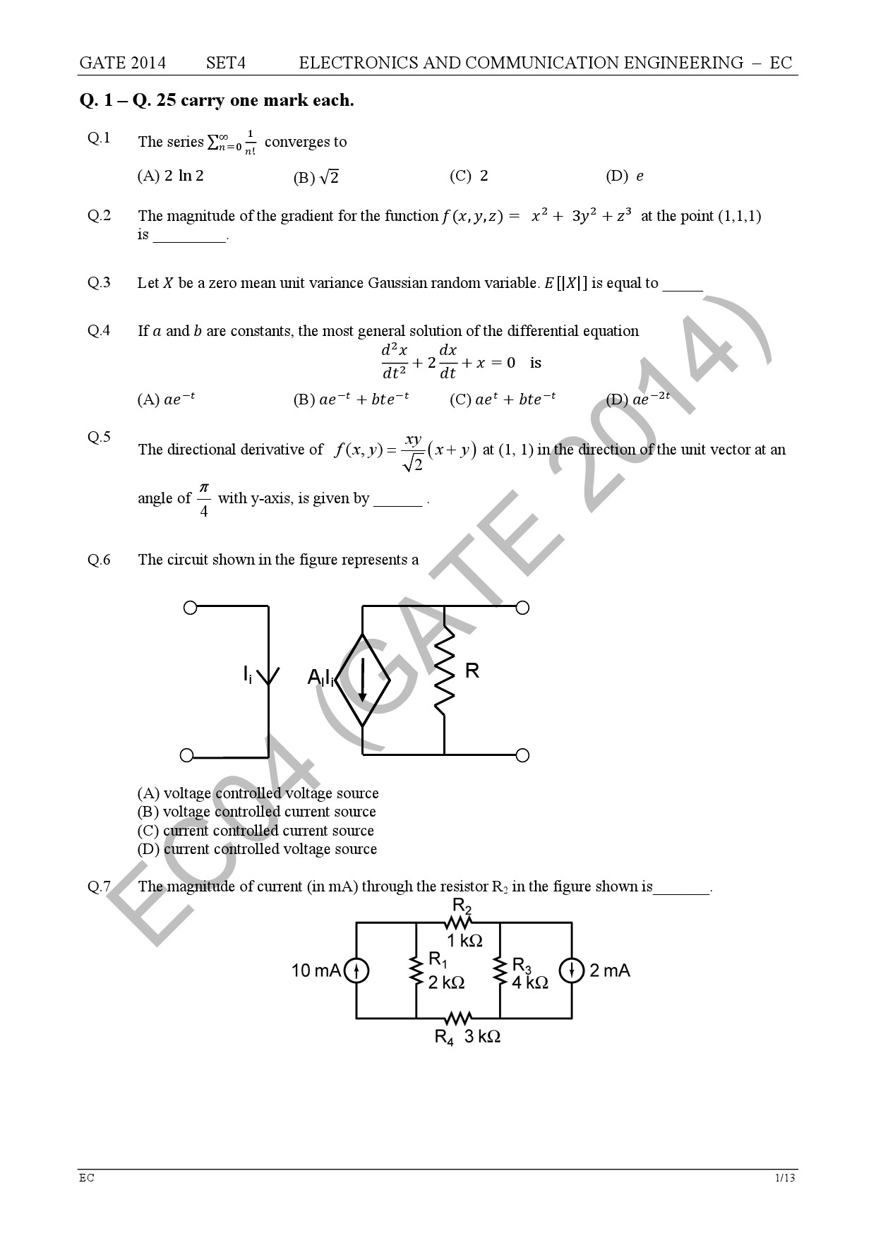 GATE Exam Question Paper 2014 Electronics and Communication Engineering Set 4 7