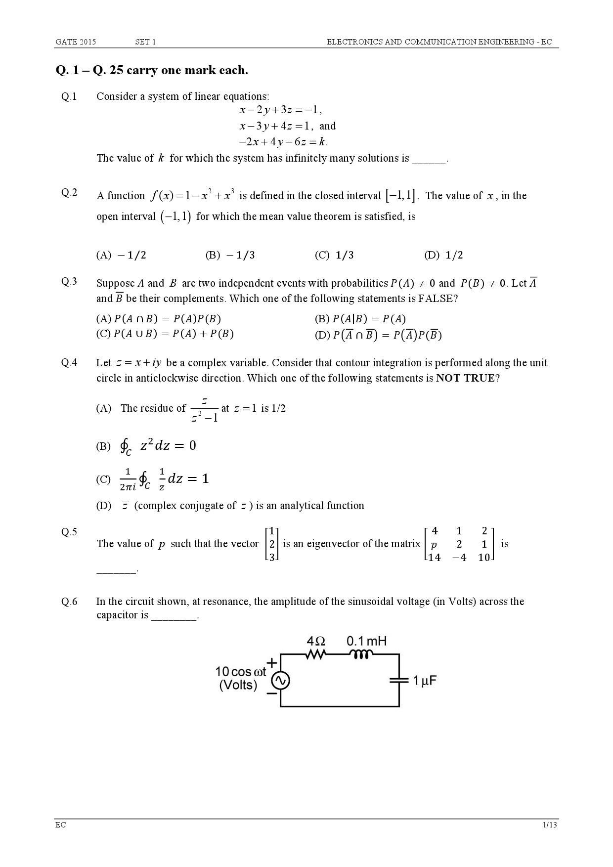 GATE Exam Question Paper 2015 Electronics and Communication Engineering Set 1 1