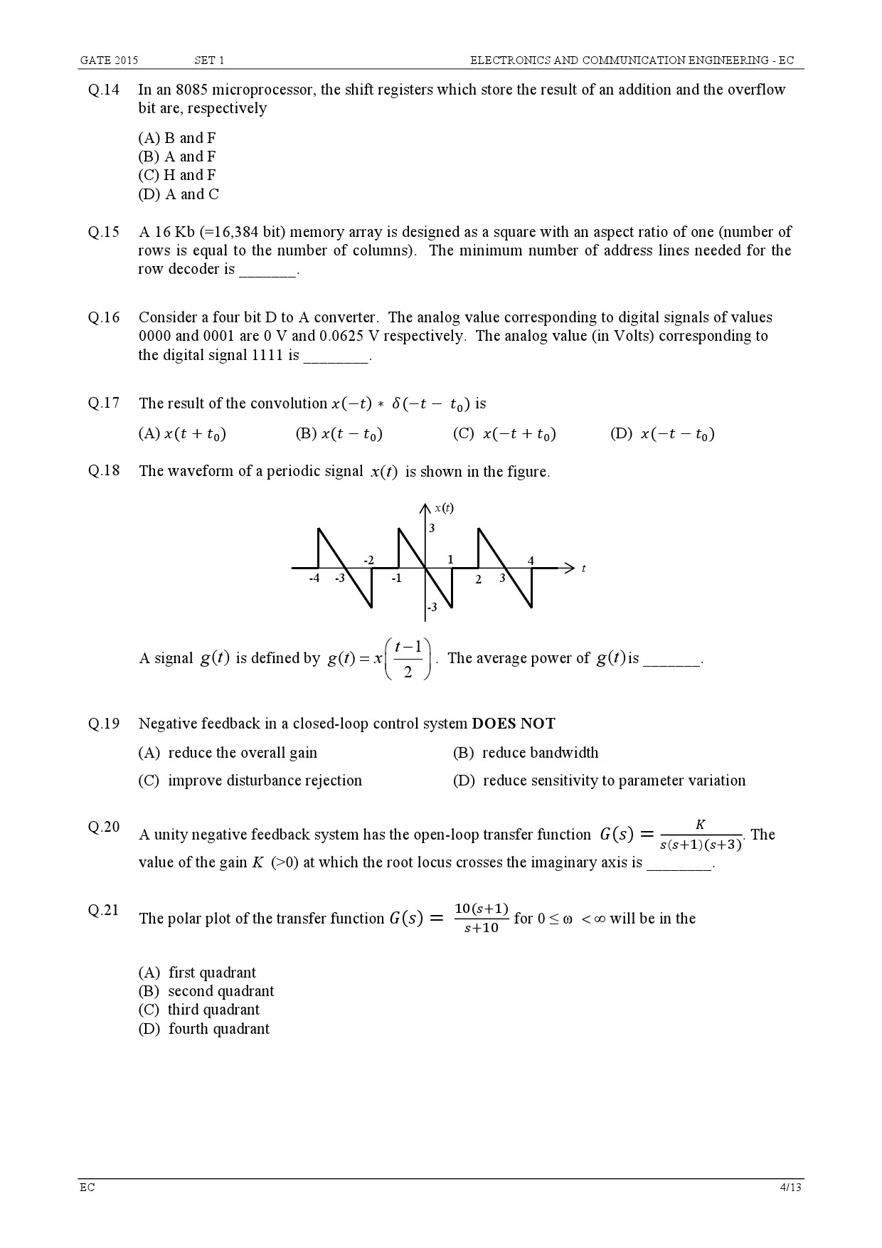 GATE Exam Question Paper 2015 Electronics and Communication Engineering Set 1 4