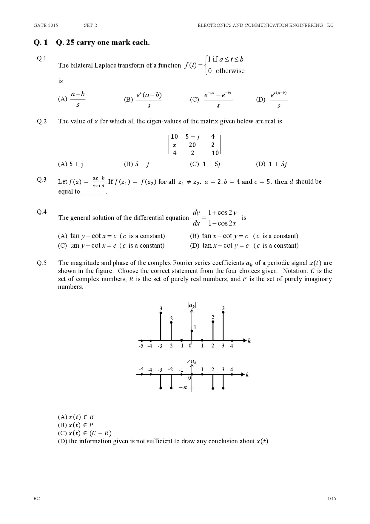 GATE Exam Question Paper 2015 Electronics and Communication Engineering Set 2 1