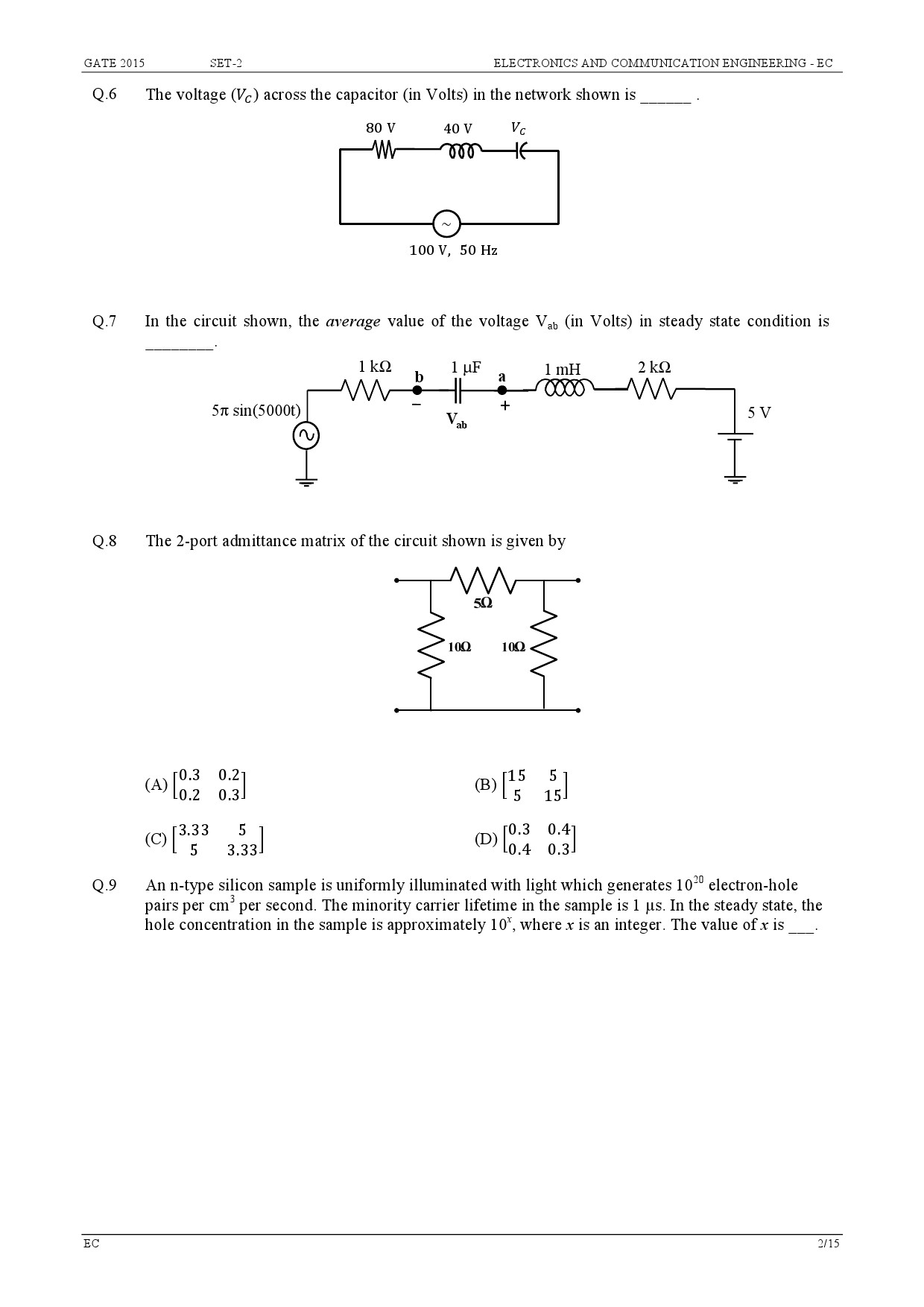 GATE Exam Question Paper 2015 Electronics and Communication Engineering Set 2 2