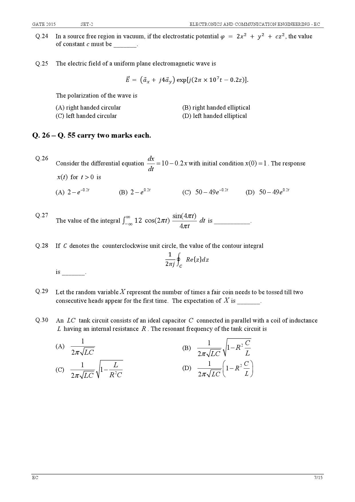 GATE Exam Question Paper 2015 Electronics and Communication Engineering Set 2 7