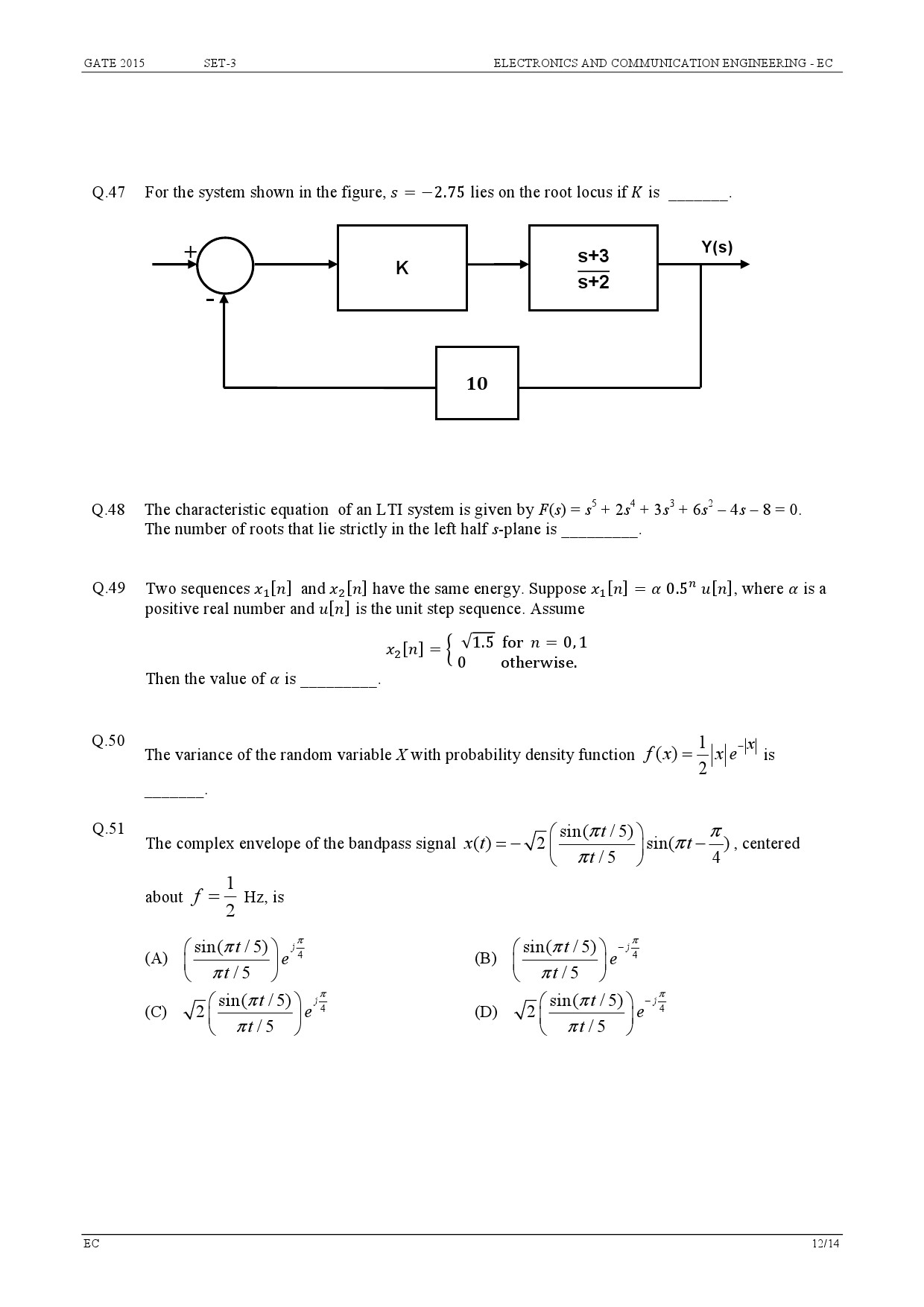 GATE Exam Question Paper 2015 Electronics and Communication Engineering Set 3 12