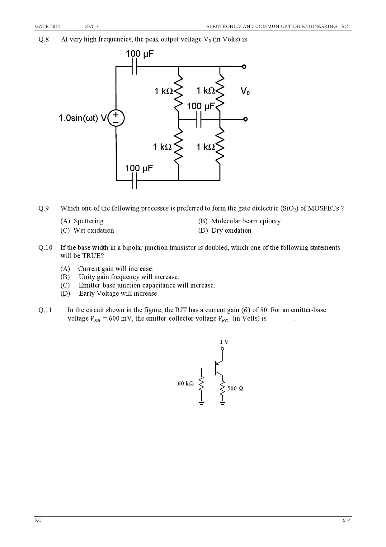 GATE Exam Question Paper 2015 Electronics and Communication Engineering Set 3 2