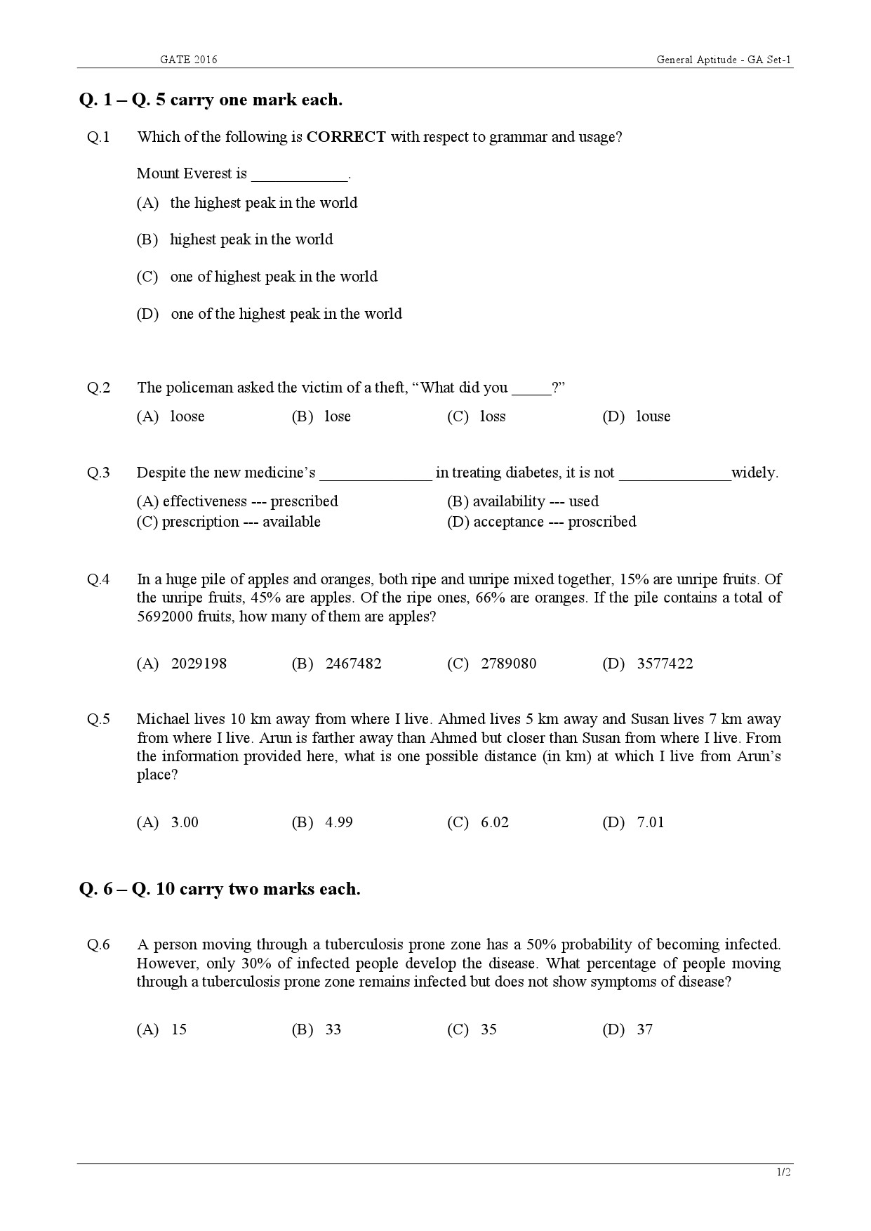 GATE Exam Question Paper 2016 Electronics and Communication Engineering Set 1 1