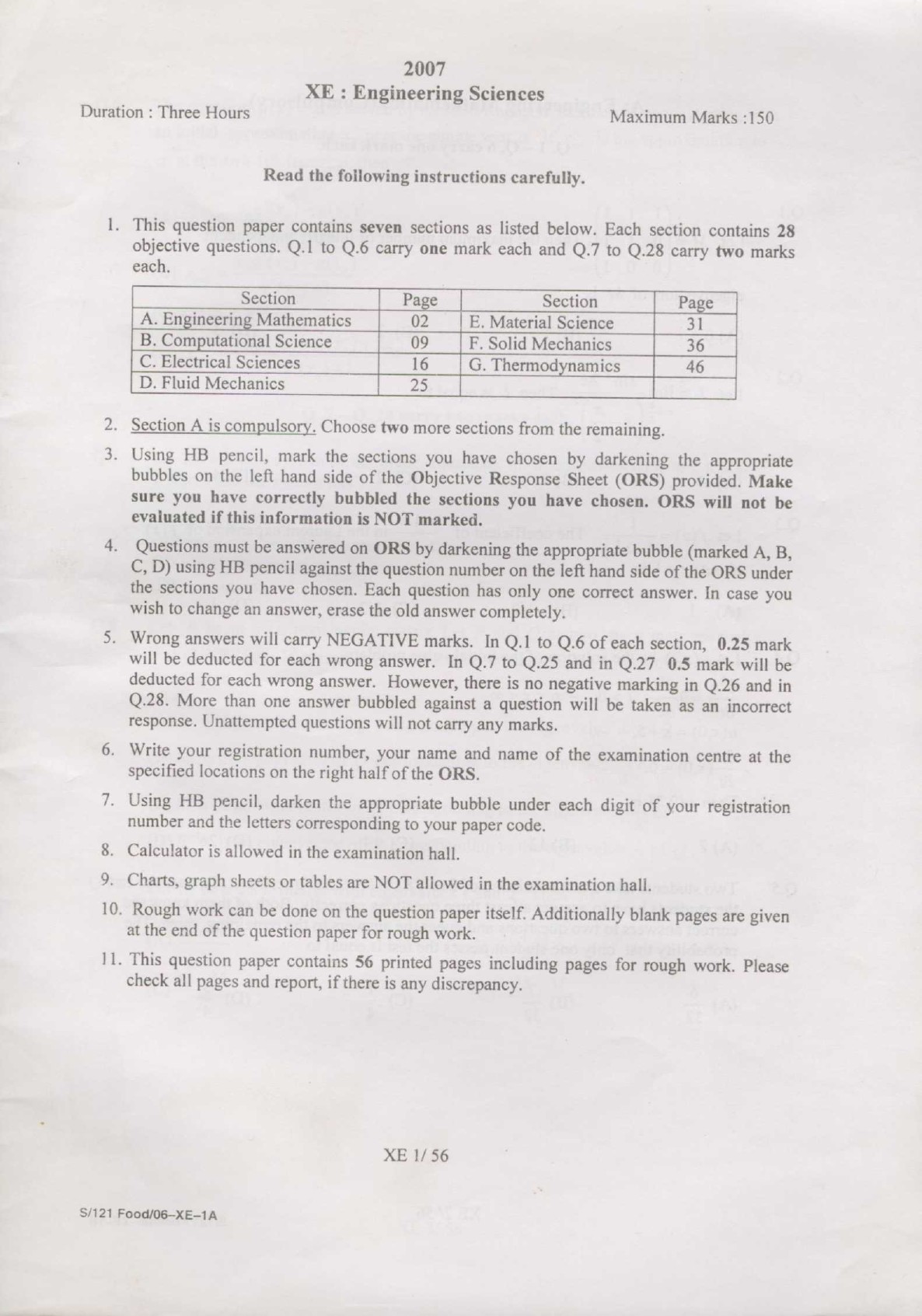 GATE Exam Question Paper 2007 Engineering Sciences 1