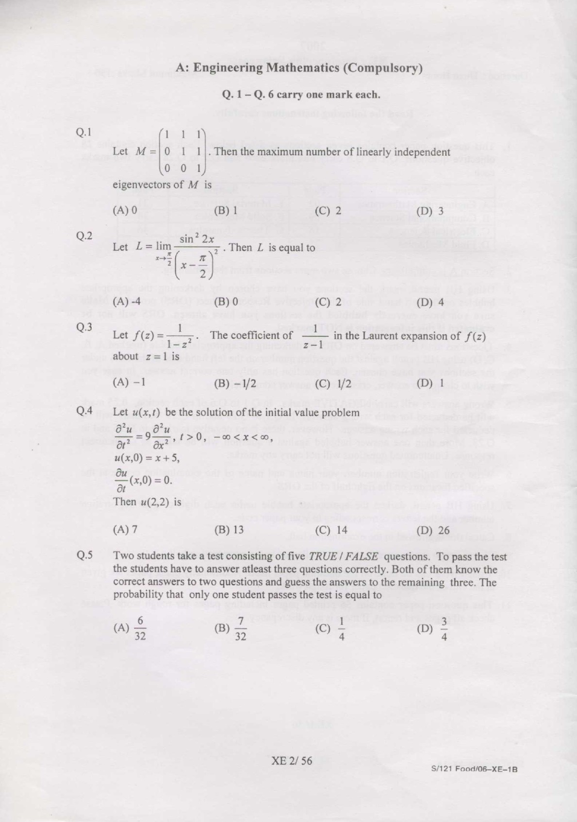 GATE Exam Question Paper 2007 Engineering Sciences 2