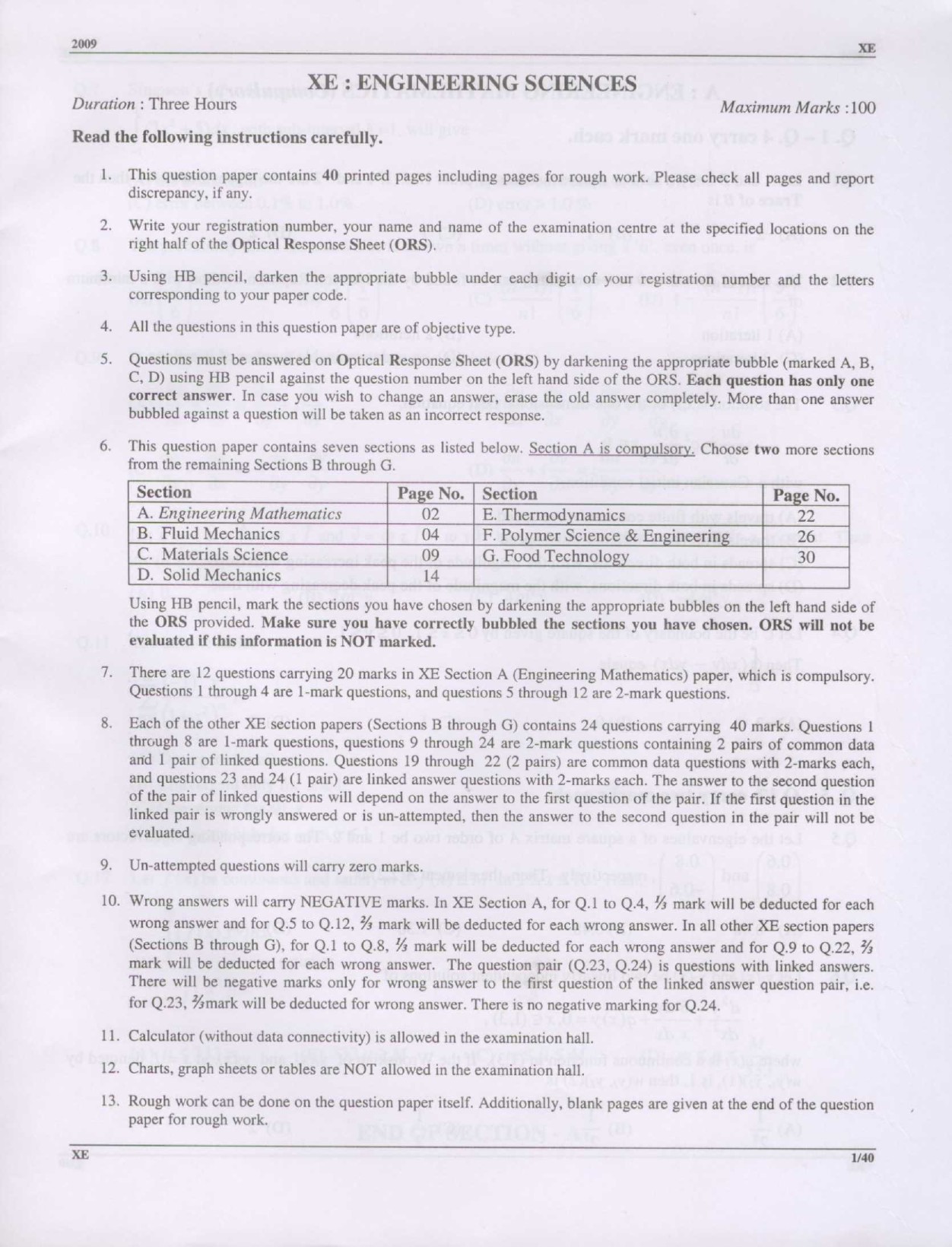 GATE Exam Question Paper 2009 Engineering Sciences 1