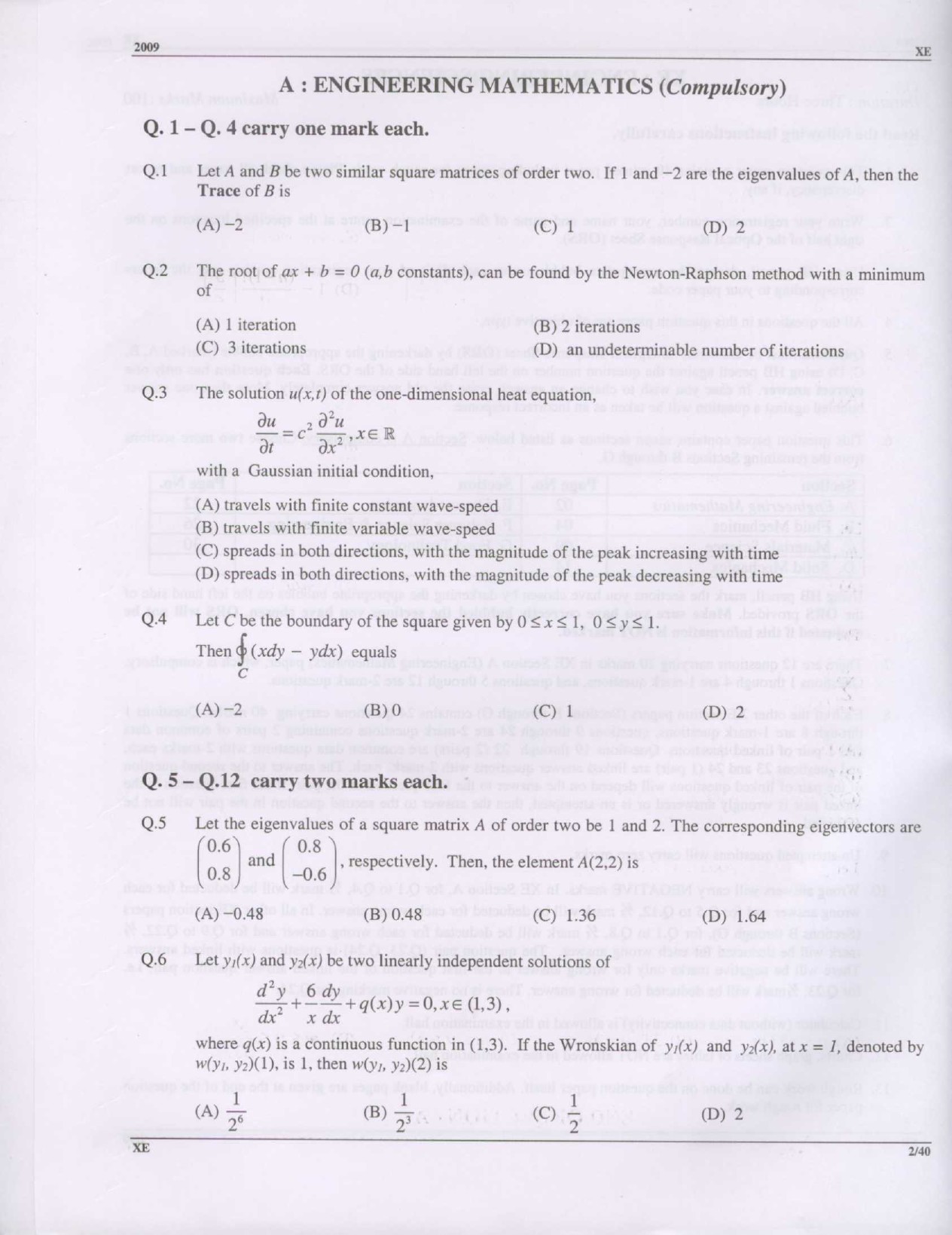 GATE Exam Question Paper 2009 Engineering Sciences 2