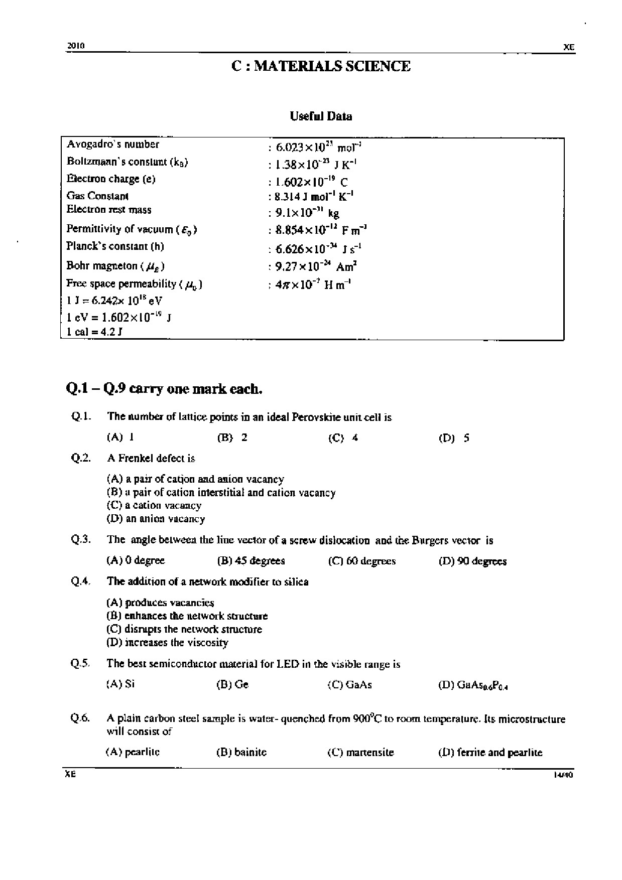 GATE Exam Question Paper 2010 Engineering Sciences 14
