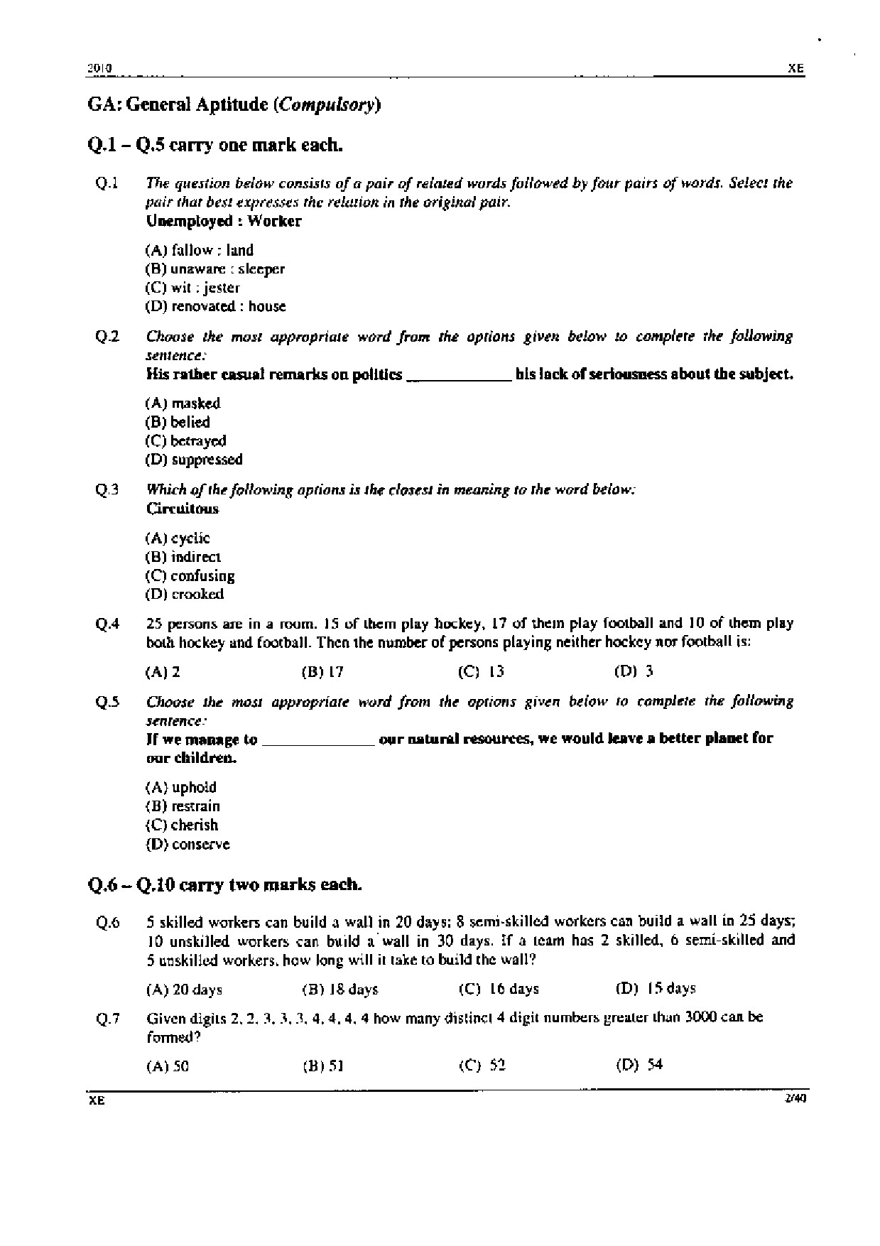 GATE Exam Question Paper 2010 Engineering Sciences 2