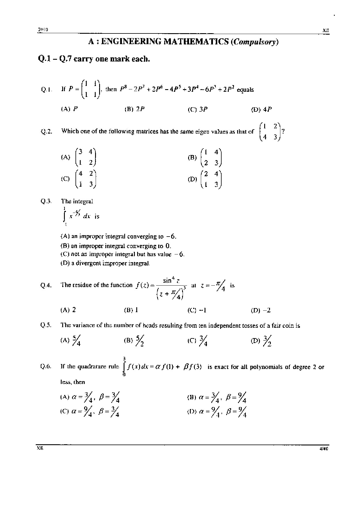 GATE Exam Question Paper 2010 Engineering Sciences 4