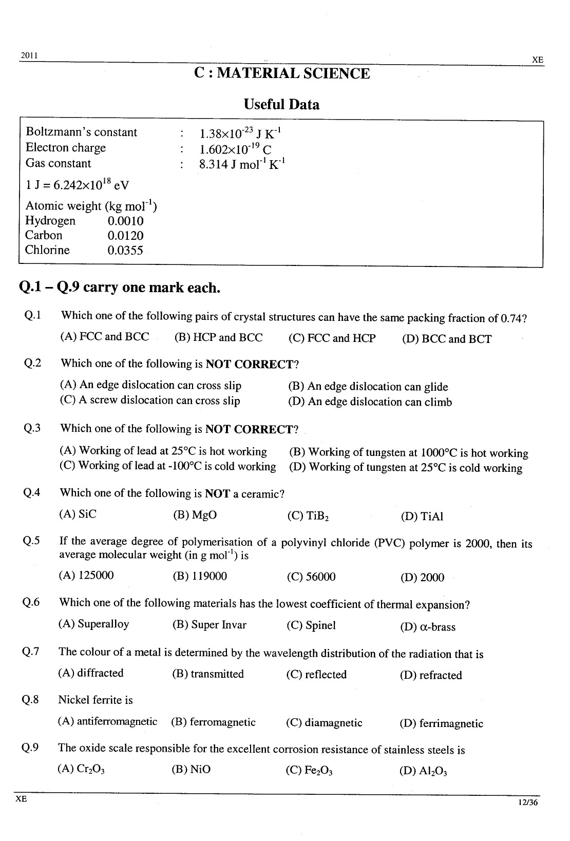 GATE Exam Question Paper 2011 Engineering Sciences 12